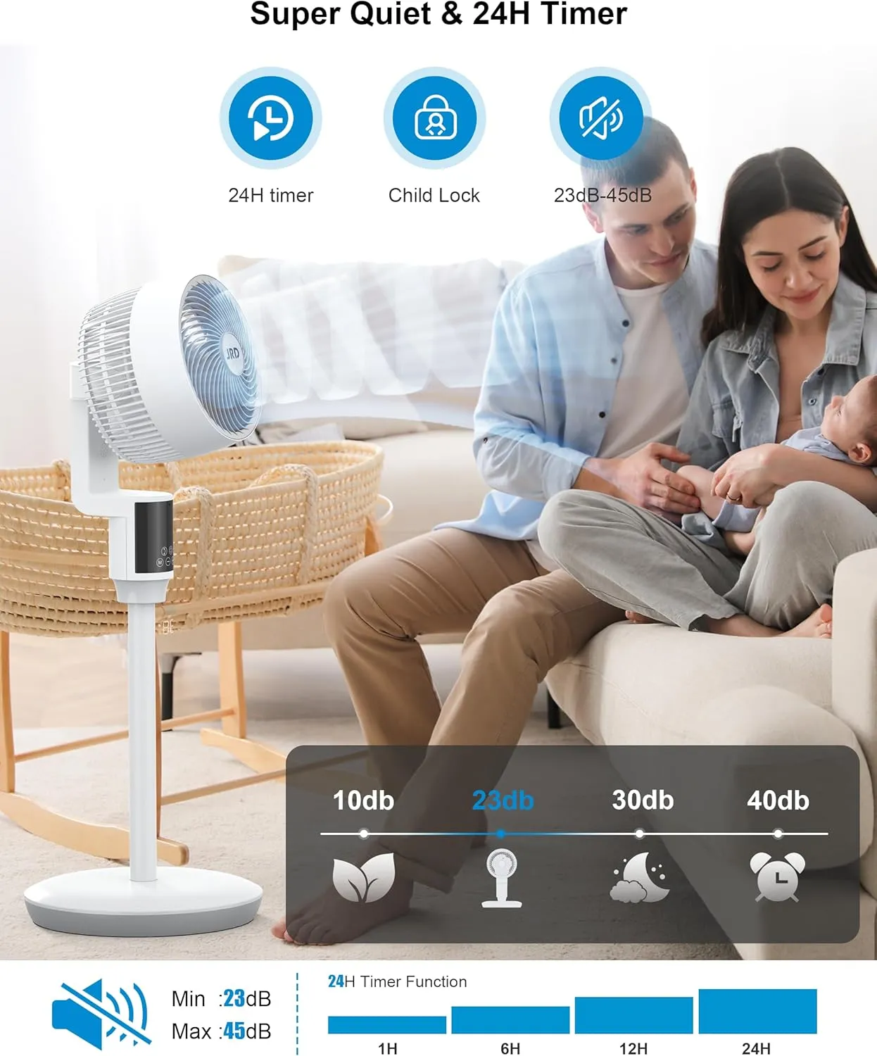 JRD Fan, 70 90 Omni-directional Oscillating Pedestal Fan For Bedroom, 100ft Circulator With Remote,Quiet Standing Fans, Adjustable Height, 6 Speeds, 3 Modes, 24H Timer, Home Office