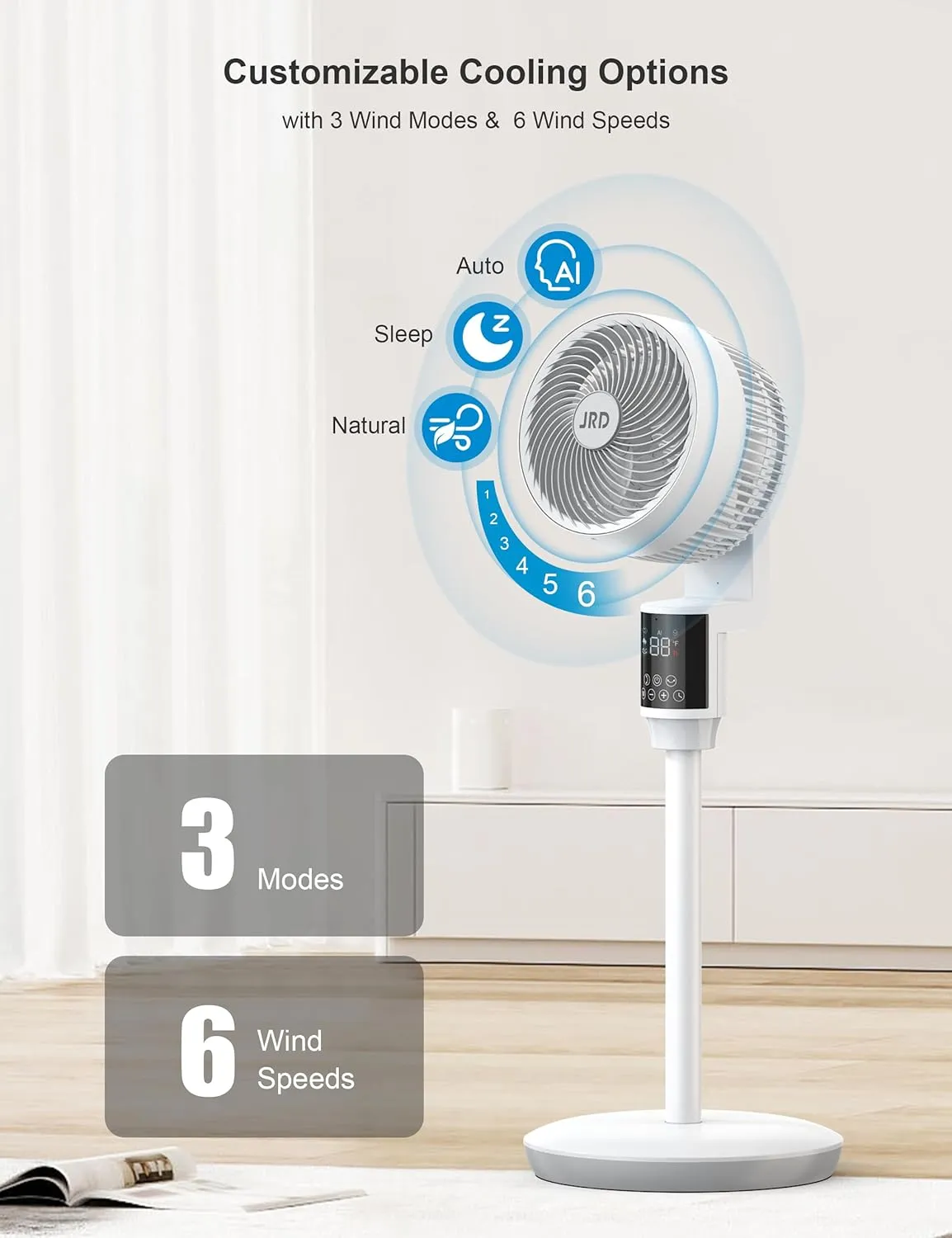 JRD Fan, 70 90 Omni-directional Oscillating Pedestal Fan For Bedroom, 100ft Circulator With Remote,Quiet Standing Fans, Adjustable Height, 6 Speeds, 3 Modes, 24H Timer, Home Office