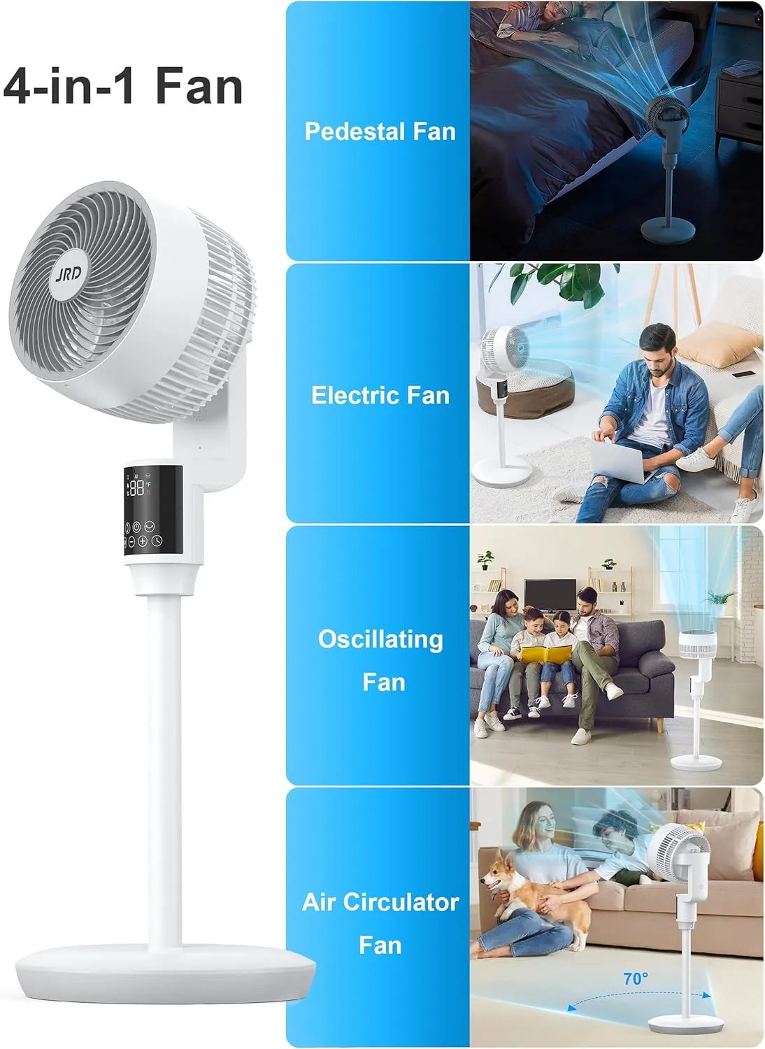 JRD Fan, 70 90 Omni-directional Oscillating Pedestal Fan For Bedroom, 100ft Circulator With Remote,Quiet Standing Fans, Adjustable Height, 6 Speeds, 3 Modes, 24H Timer, Home Office