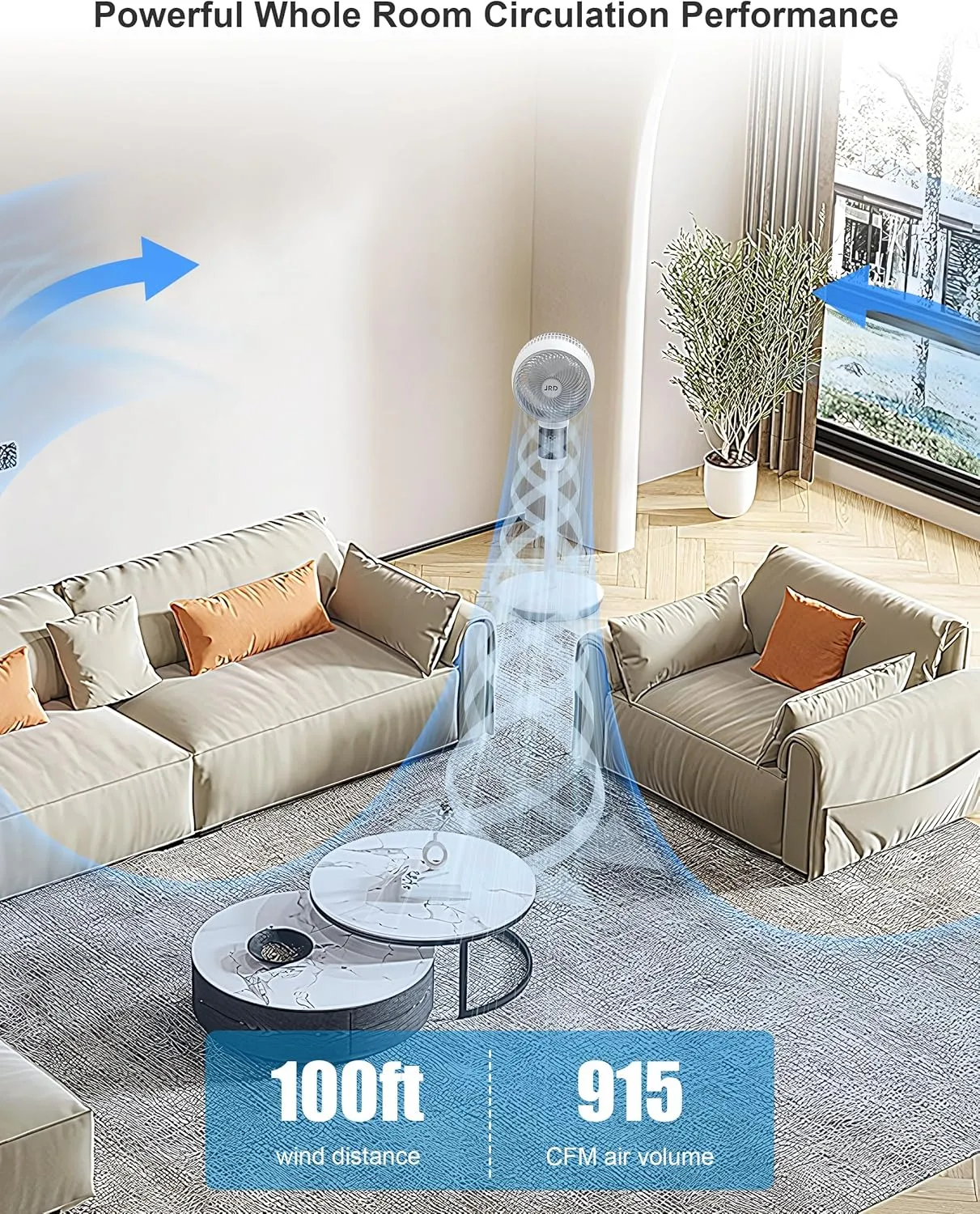 JRD Fan, 70 90 Omni-directional Oscillating Pedestal Fan For Bedroom, 100ft Circulator With Remote,Quiet Standing Fans, Adjustable Height, 6 Speeds, 3 Modes, 24H Timer, Home Office