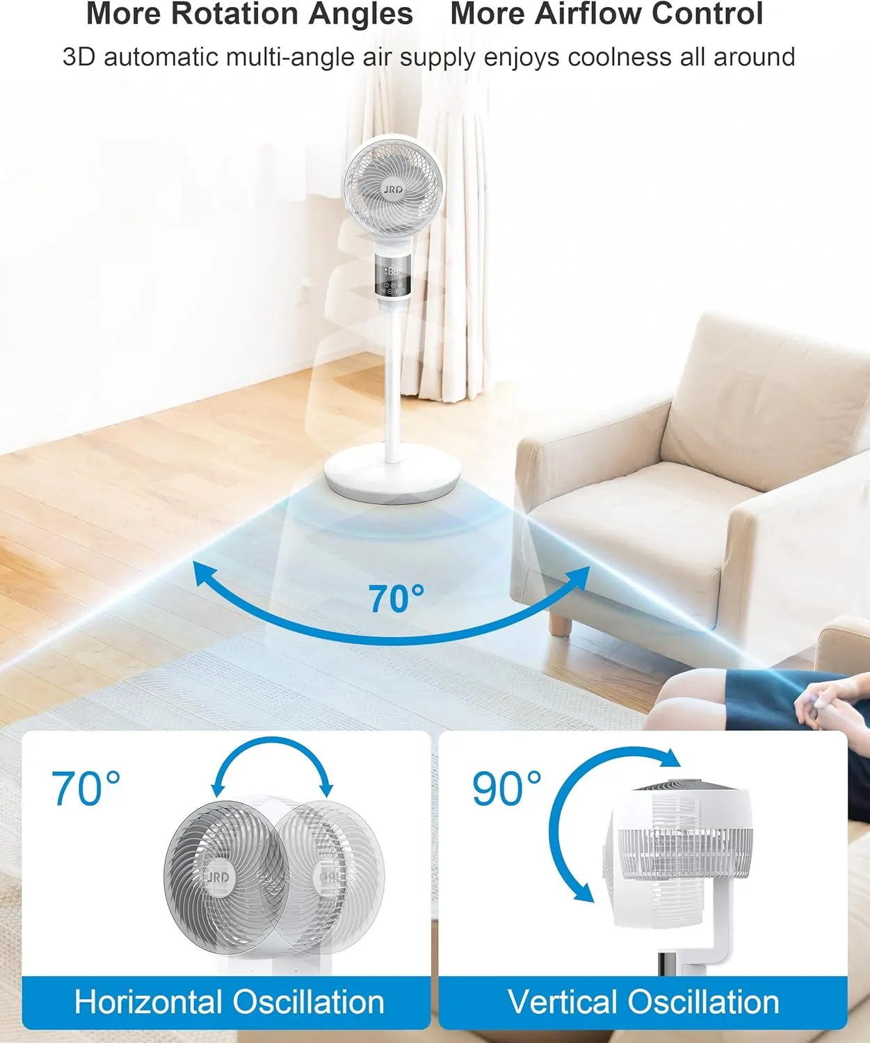 JRD Fan, 70 90 Omni-directional Oscillating Pedestal Fan For Bedroom, 100ft Circulator With Remote,Quiet Standing Fans, Adjustable Height, 6 Speeds, 3 Modes, 24H Timer, Home Office