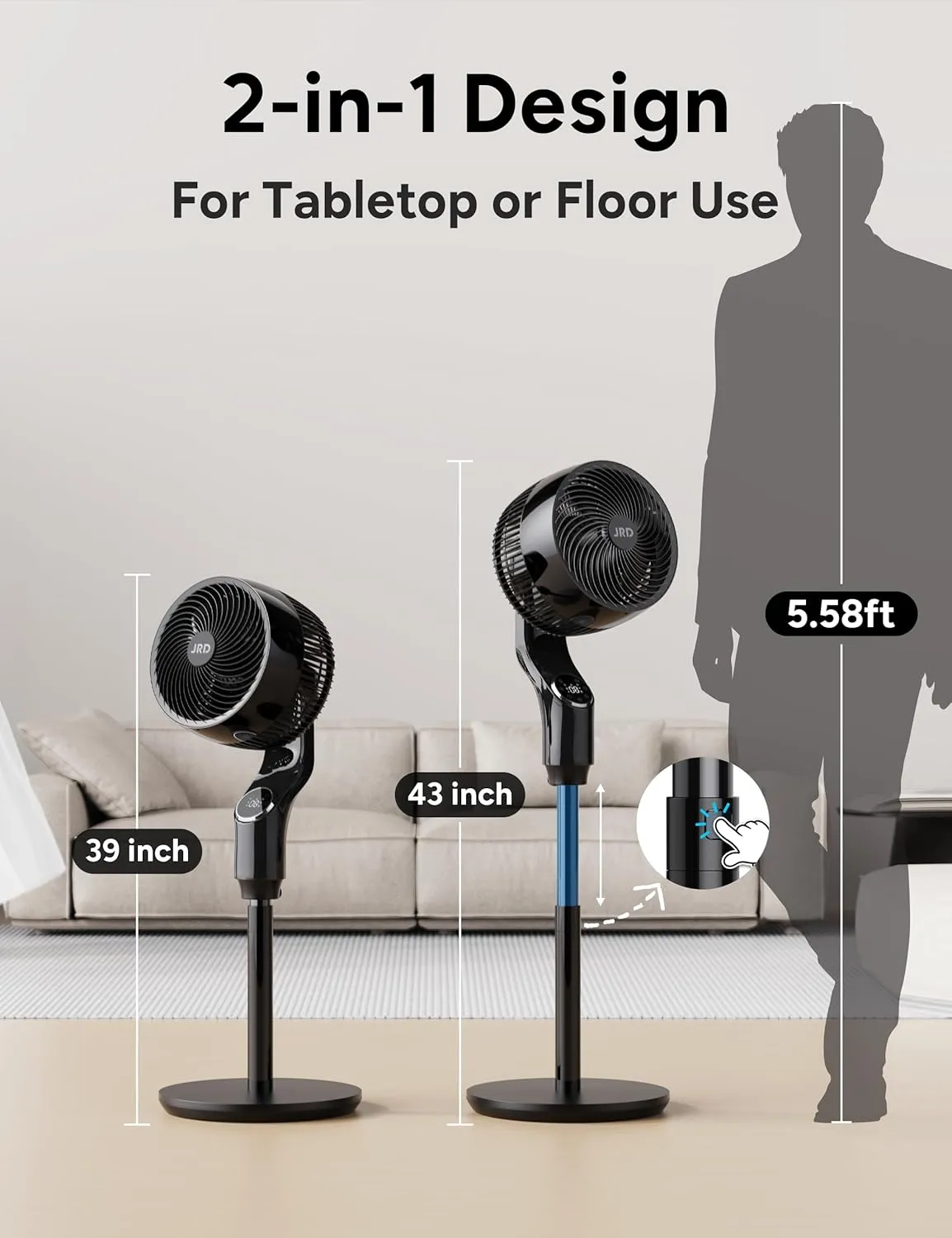 JRD Fan for Bedroom, 70 Oscillating Standing Fan, 100ft Quiet Pedestal Fans for Home Office, 85 Manual Vertical, Touch Remote, 24H Timer,32 Wind Speeds, 39-43" Adjustable Height, Air Circulator