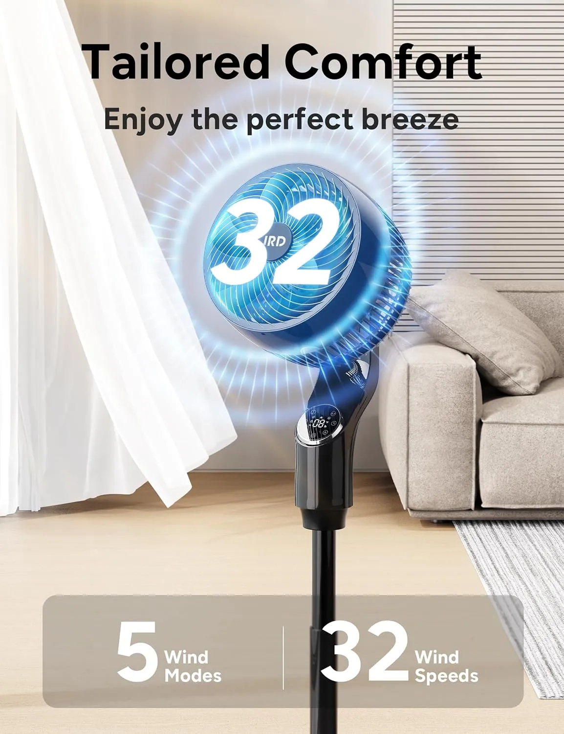 JRD Fan for Bedroom, 70 Oscillating Standing Fan, 100ft Quiet Pedestal Fans for Home Office, 85 Manual Vertical, Touch Remote, 24H Timer,32 Wind Speeds, 39-43" Adjustable Height, Air Circulator