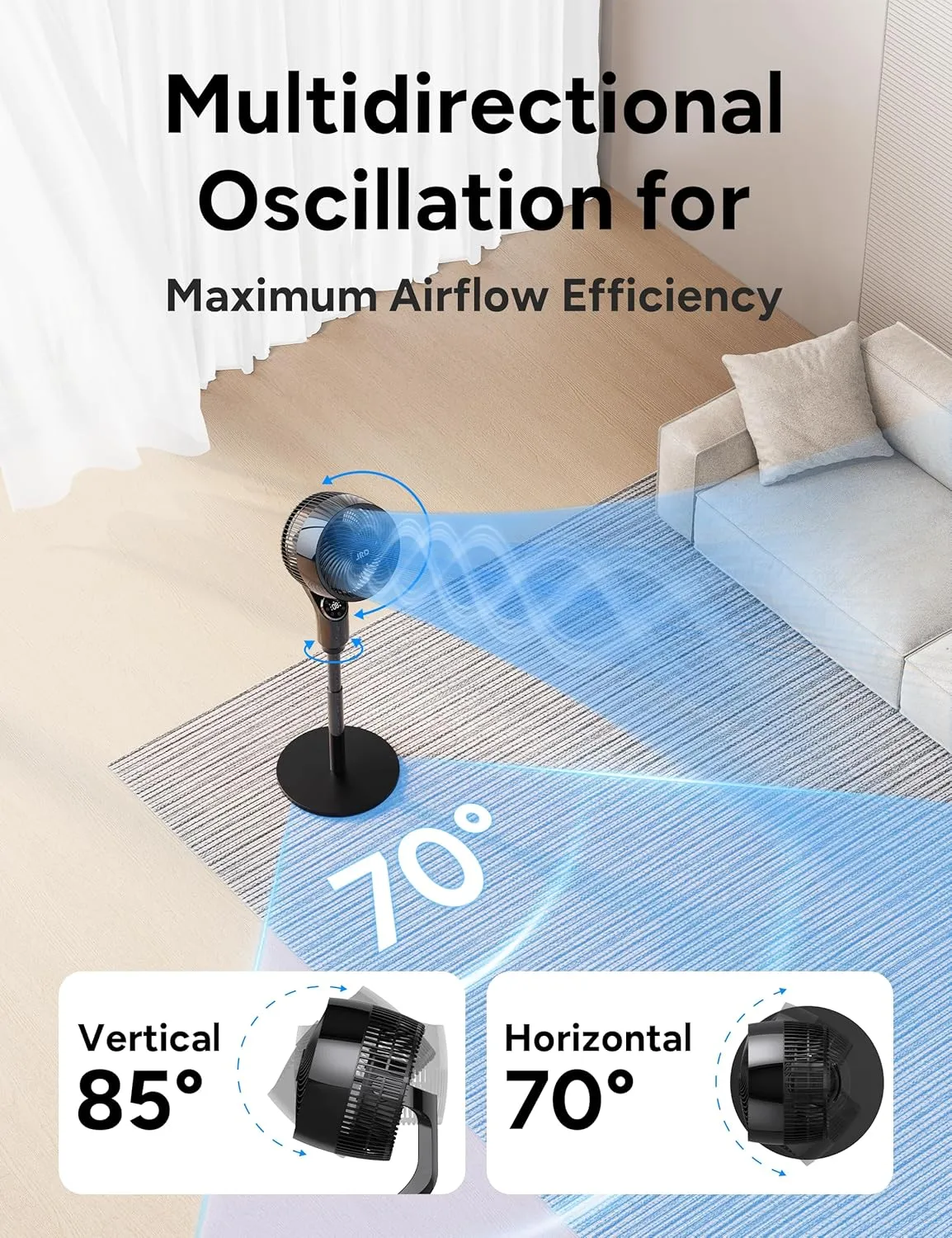 JRD Fan for Bedroom, 70 Oscillating Standing Fan, 100ft Quiet Pedestal Fans for Home Office, 85 Manual Vertical, Touch Remote, 24H Timer,32 Wind Speeds, 39-43" Adjustable Height, Air Circulator