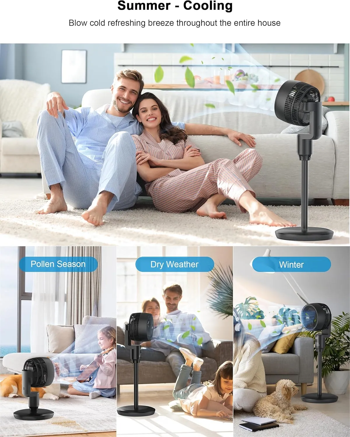 JRD Fan for Bedroom, 70 Oscillating Standing Fans, Quiet Floor Fan, 100ft Pedestal Fans for Room, 6 Speeds, 3 modes,90 Manual Vertical, 19-38" Adjustable Height,24H Timer,Remote Control
