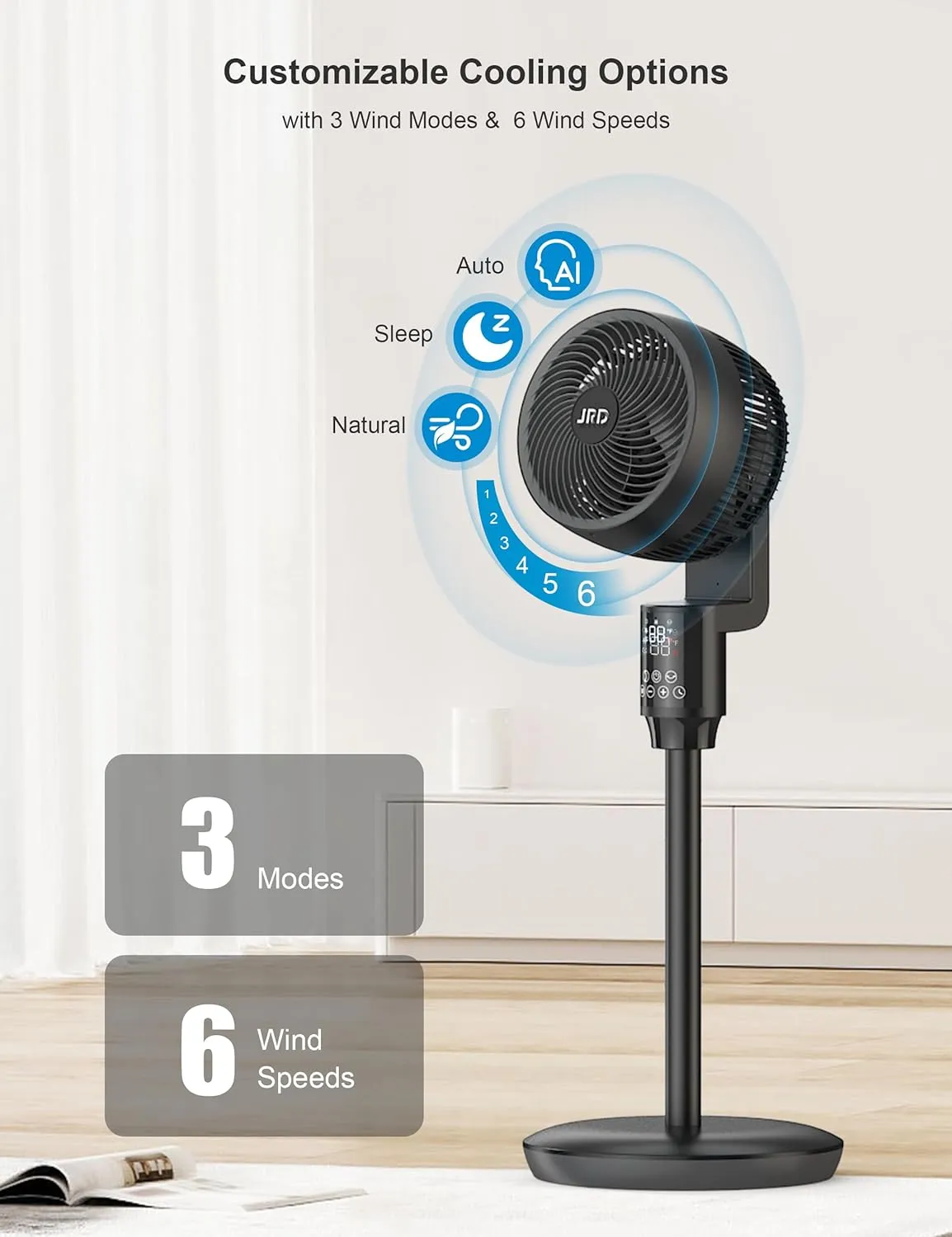 JRD Fan for Bedroom, 70 Oscillating Standing Fans, Quiet Floor Fan, 100ft Pedestal Fans for Room, 6 Speeds, 3 modes,90 Manual Vertical, 19-38" Adjustable Height,24H Timer,Remote Control