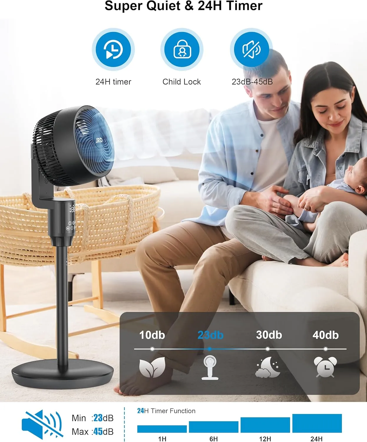 JRD Fan for Bedroom, 70 Oscillating Standing Fans, Quiet Floor Fan, 100ft Pedestal Fans for Room, 6 Speeds, 3 modes,90 Manual Vertical, 19-38" Adjustable Height,24H Timer,Remote Control