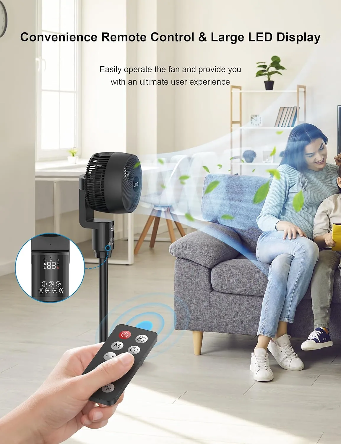 JRD Fan for Bedroom, 70 Oscillating Standing Fans, Quiet Floor Fan, 100ft Pedestal Fans for Room, 6 Speeds, 3 modes,90 Manual Vertical, 19-38" Adjustable Height,24H Timer,Remote Control