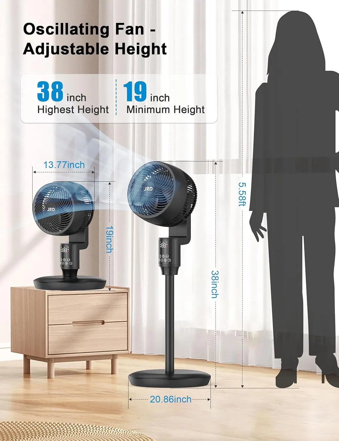 JRD Fan for Bedroom, 70 Oscillating Standing Fans, Quiet Floor Fan, 100ft Pedestal Fans for Room, 6 Speeds, 3 modes,90 Manual Vertical, 19-38" Adjustable Height,24H Timer,Remote Control