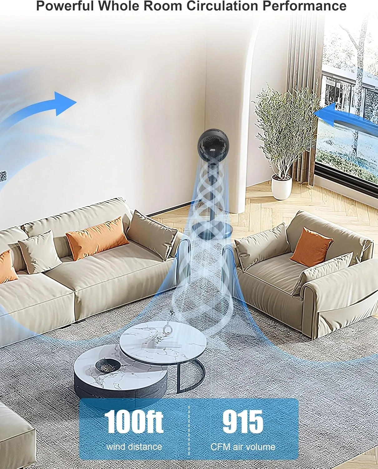 JRD Fan for Bedroom, 70 Oscillating Standing Fans, Quiet Floor Fan, 100ft Pedestal Fans for Room, 6 Speeds, 3 modes,90 Manual Vertical, 19-38" Adjustable Height,24H Timer,Remote Control