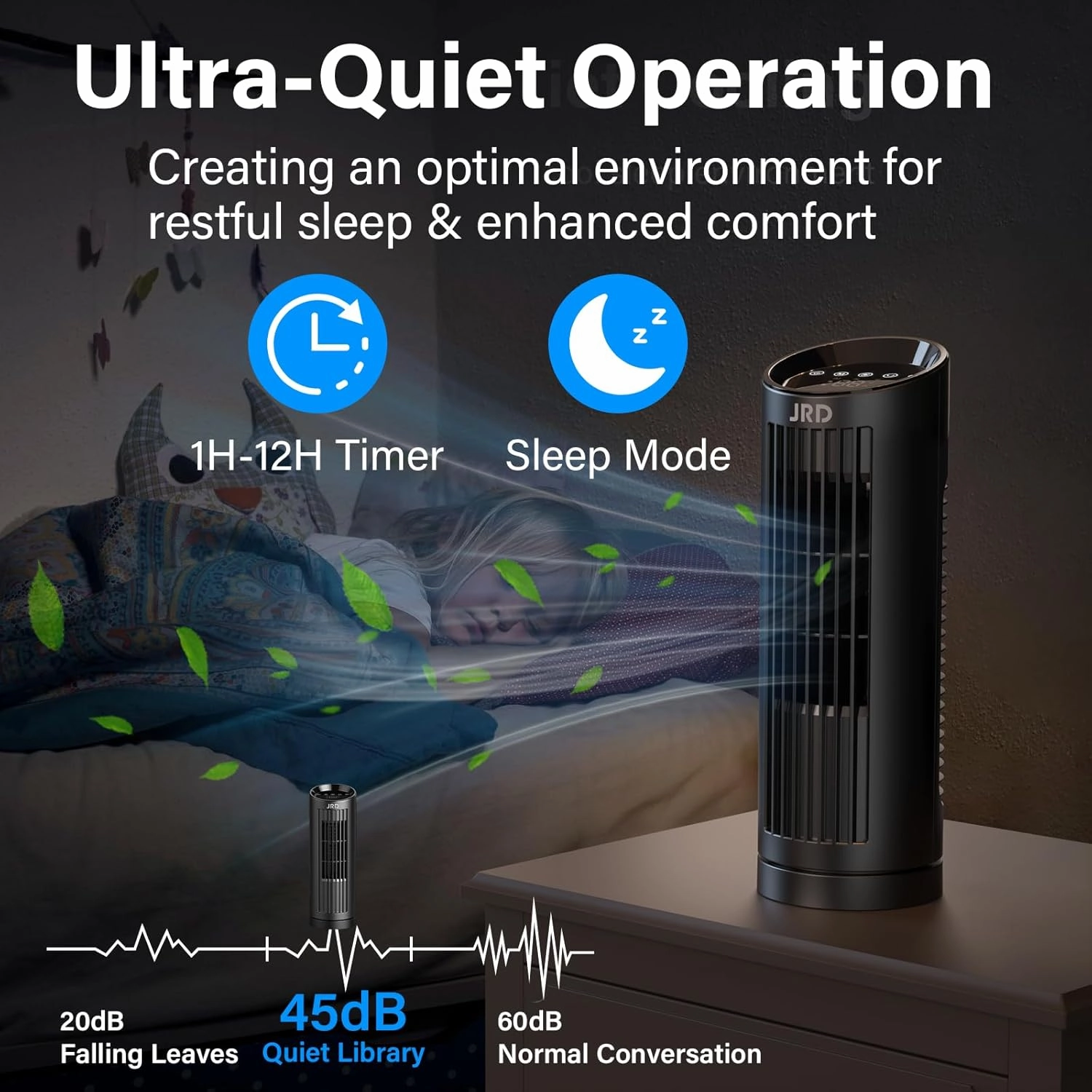 JRD 13'' Tower Fan for Bedroom, Quiet Cooling Desk Fan with Remote, 80 Oscillating, 3 Speed, 4 Mode, 12h Timer, Digital Touch Screen, Portable, Safe Bladeless Table Fan for Home Desktop Office