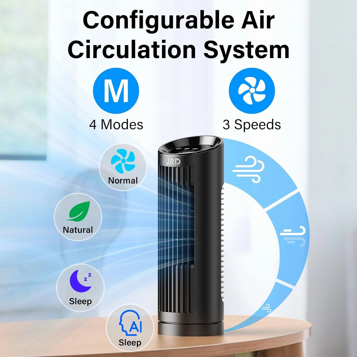 JRD 13'' Tower Fan for Bedroom, Quiet Cooling Desk Fan with Remote, 80 Oscillating, 3 Speed, 4 Mode, 12h Timer, Digital Touch Screen, Portable, Safe Bladeless Table Fan for Home Desktop Office