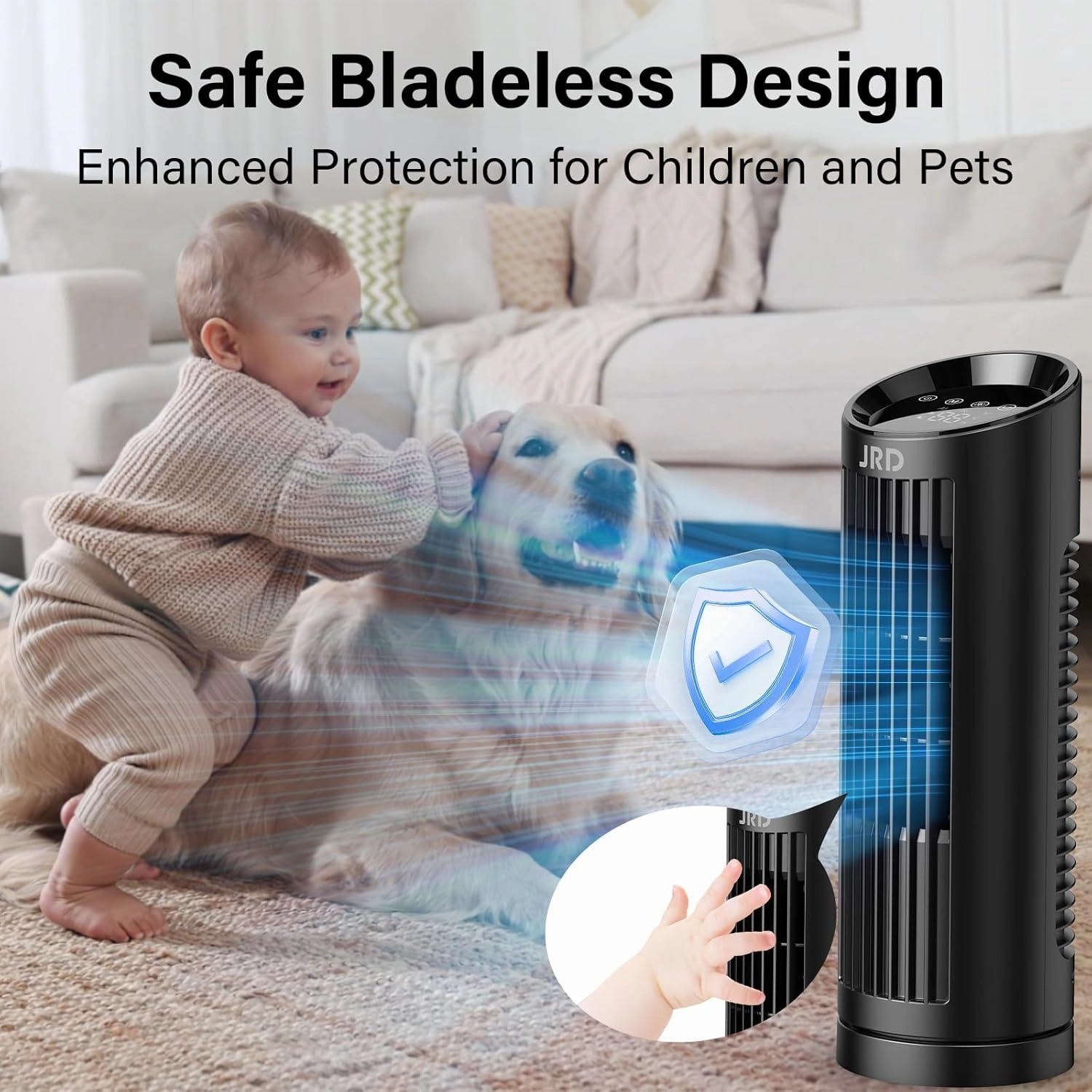 JRD 13'' Tower Fan for Bedroom, Quiet Cooling Desk Fan with Remote, 80 Oscillating, 3 Speed, 4 Mode, 12h Timer, Digital Touch Screen, Portable, Safe Bladeless Table Fan for Home Desktop Office