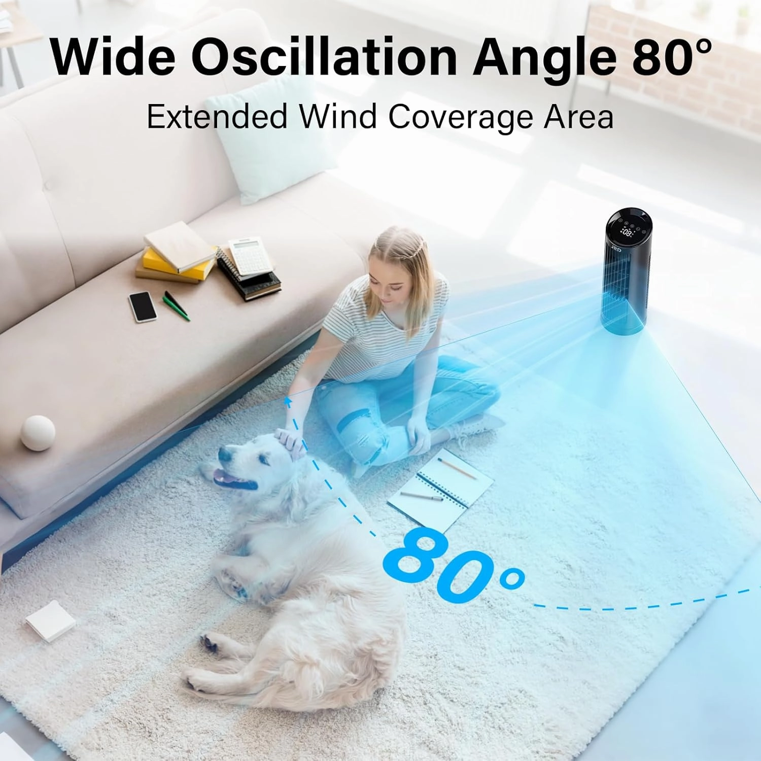 JRD 13'' Tower Fan for Bedroom, Quiet Cooling Desk Fan with Remote, 80 Oscillating, 3 Speed, 4 Mode, 12h Timer, Digital Touch Screen, Portable, Safe Bladeless Table Fan for Home Desktop Office