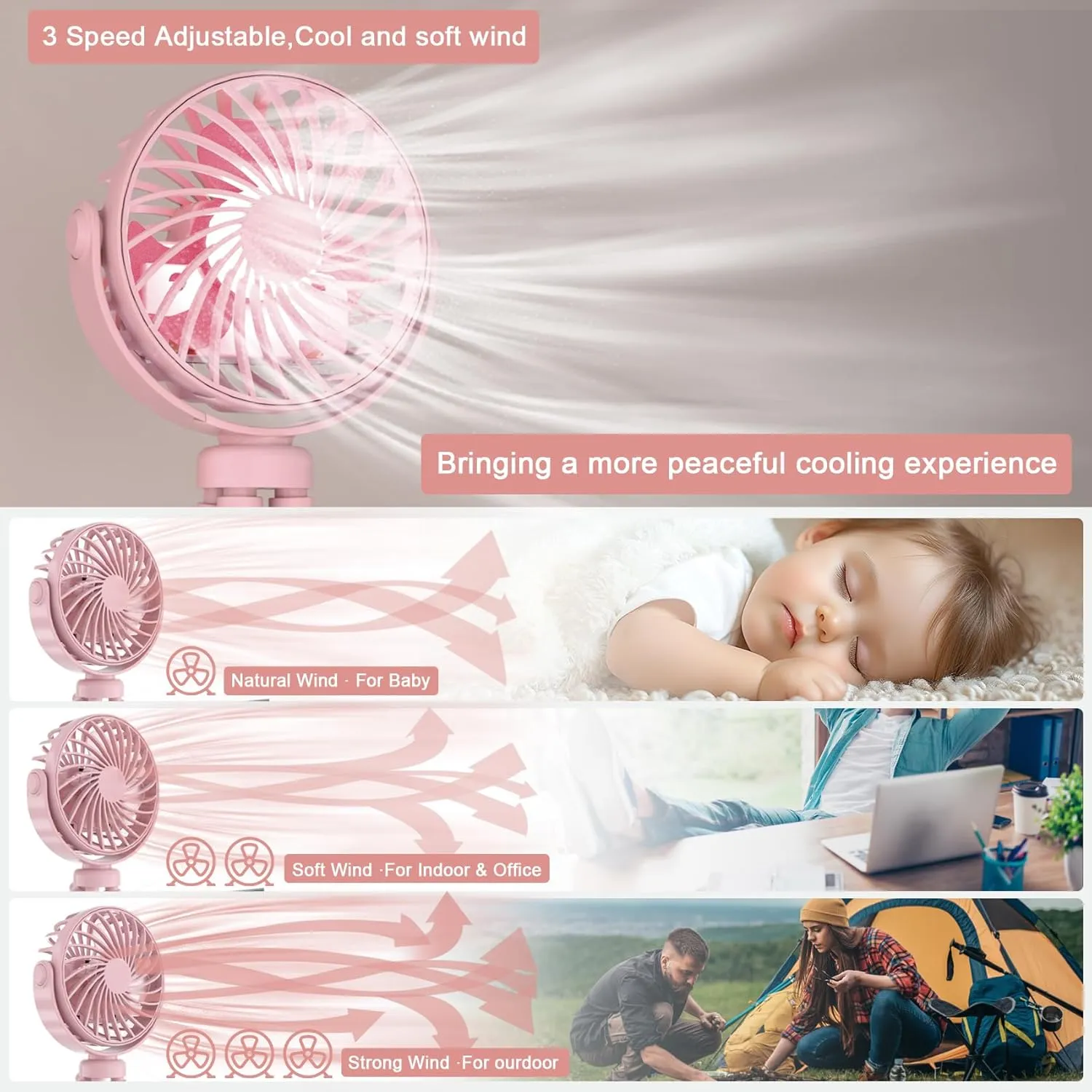 JYJZPB Mini Portable Stroller Fan Clip On for Baby (Pink)