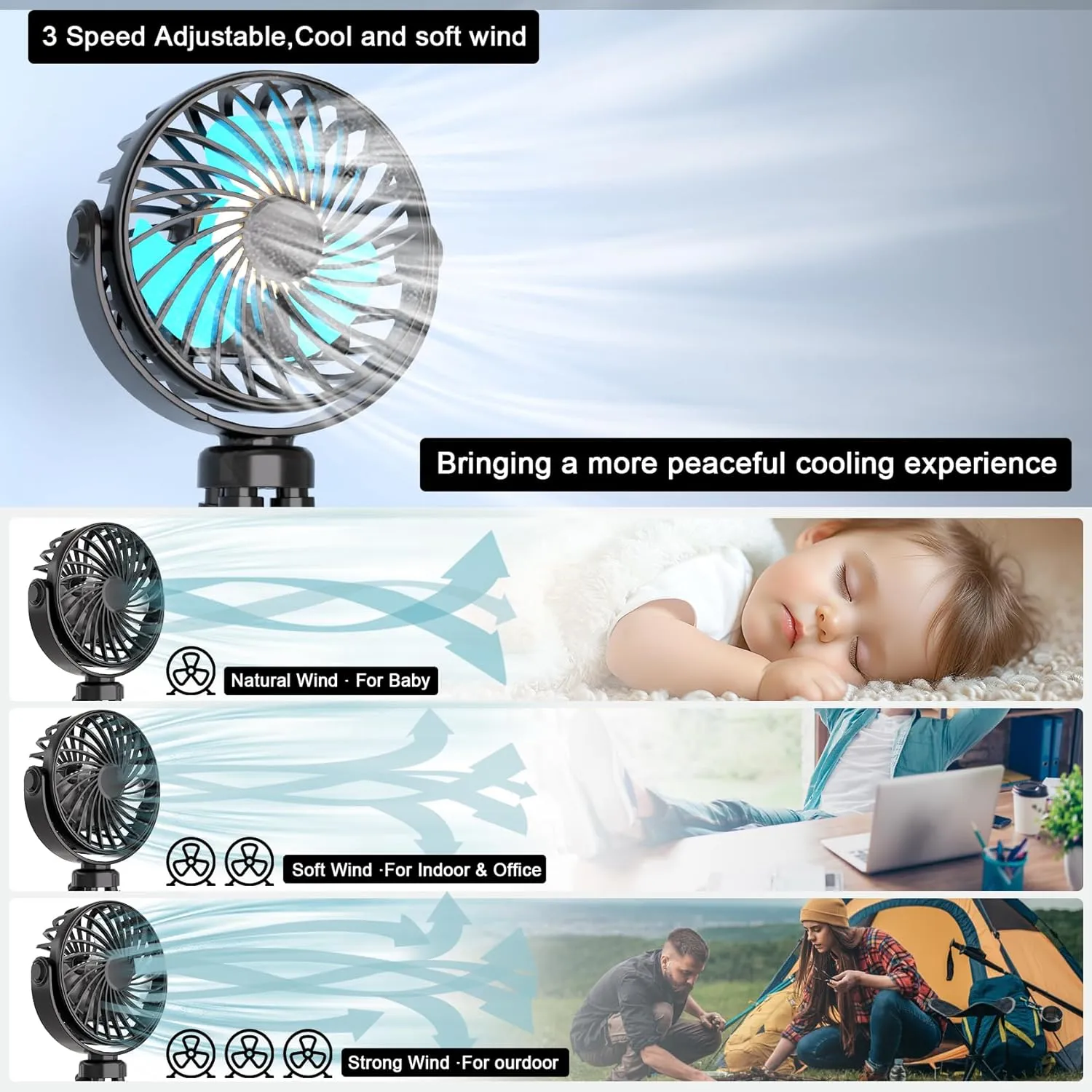 JYJZPB Mini Portable Stroller Fan Clip On for Baby with Flexible Tripod,3 Speed 360 Rotate Rechargeable Handheld Baby Stroller Fan,Cooling Baby Fan for Stroller & Car Seat,Crib,Bike,Treadmill,Travel