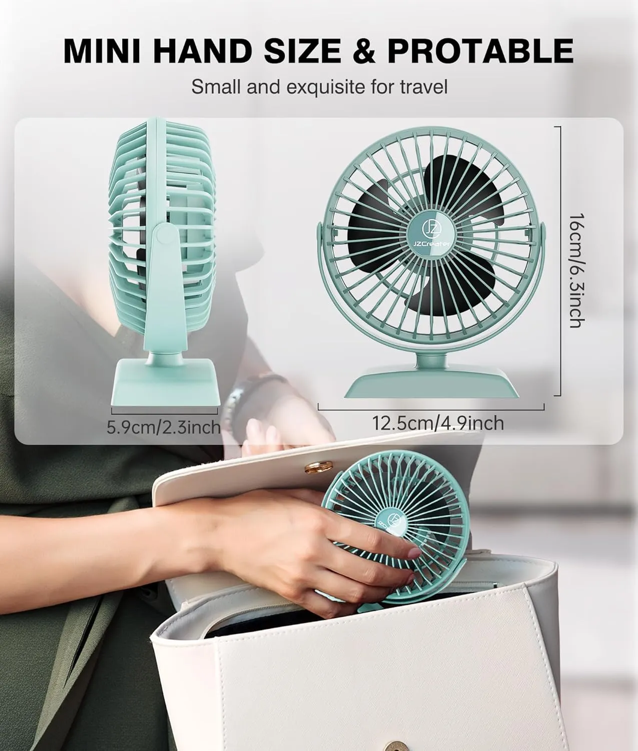 JZCreater Desk Fan,USB Fan Protable,3 Speed Airflow,360 Rotation Personal Fan,Table Desktop Cooling Fan,Quiet Mini Powered,Mini Small for Home Office Bedroom Car Travel,Green,4.9''(JZC-E282)