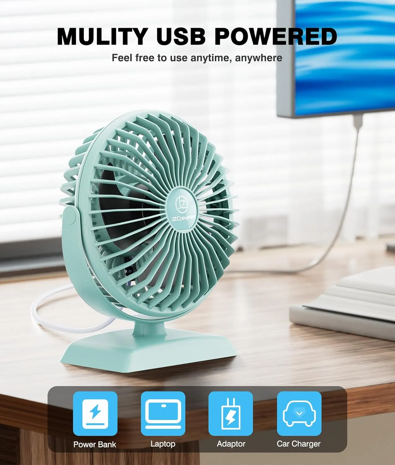 JZCreater Desk Fan,USB Fan Protable,3 Speed Airflow,360 Rotation Personal Fan,Table Desktop Cooling Fan,Quiet Mini Powered,Mini Small for Home Office Bedroom Car Travel,Green,4.9''(JZC-E282)