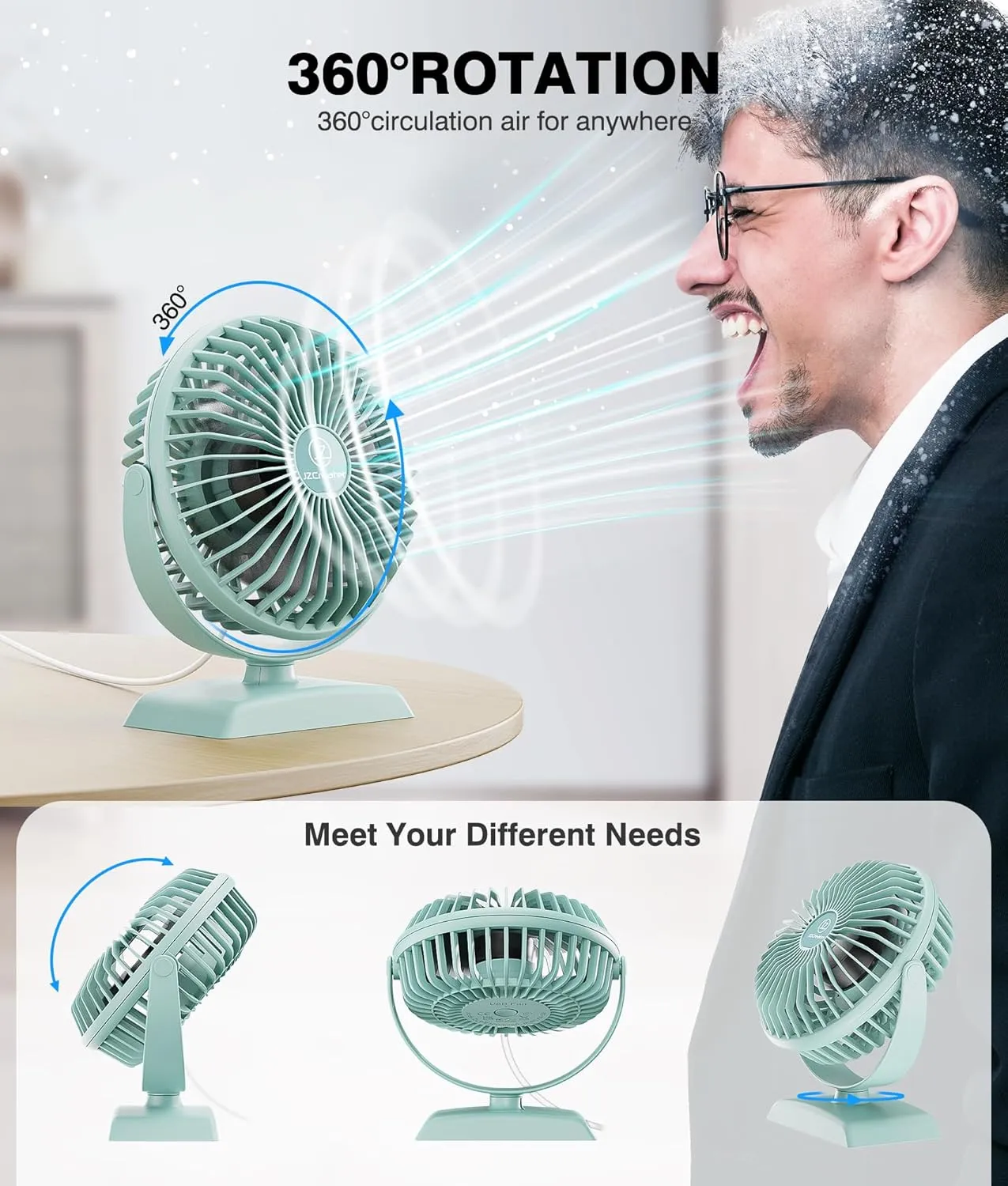 JZCreater Desk Fan,USB Fan Protable,3 Speed Airflow,360 Rotation Personal Fan,Table Desktop Cooling Fan,Quiet Mini Powered,Mini Small for Home Office Bedroom Car Travel,Green,4.9''(JZC-E282)
