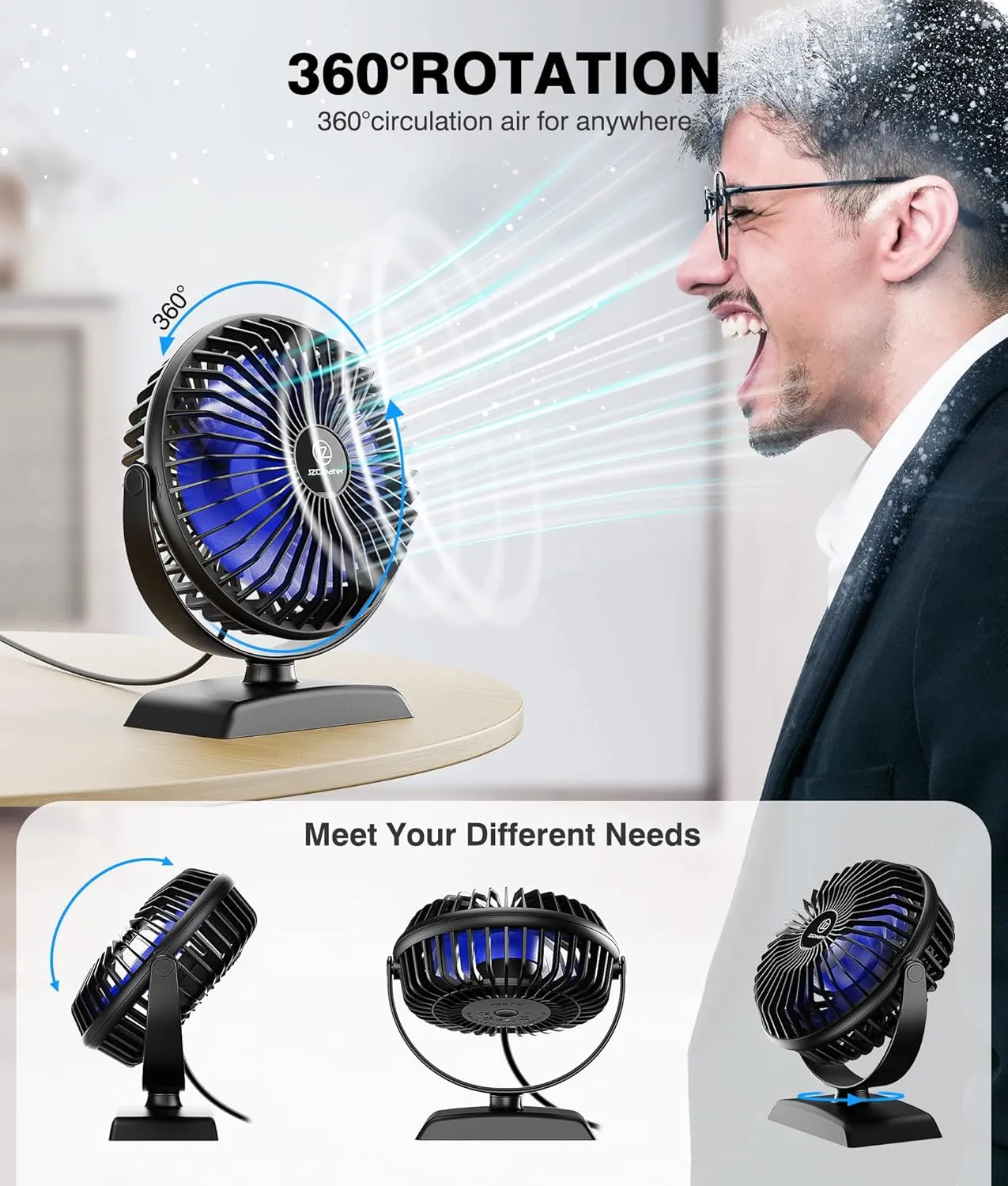 JZCreater Mini Desk Fan3 Speed Ultra-Quiet OperationPortable USB Cooling Fan for Office Desk, Bedroom Use, Personal Fan with Adjustable Tilt for Summer Indoor/Outdoor,USB-Powered, Black