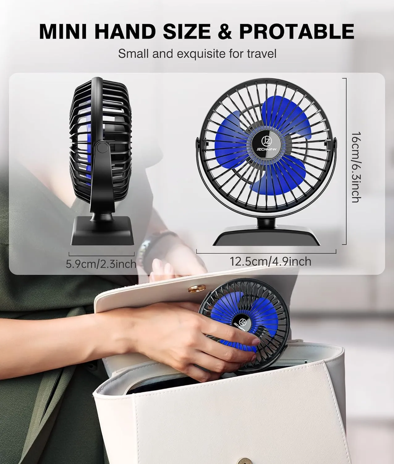 JZCreater Mini Desk Fan3 Speed Ultra-Quiet OperationPortable USB Cooling Fan for Office Desk, Bedroom Use, Personal Fan with Adjustable Tilt for Summer Indoor/Outdoor,USB-Powered, Black