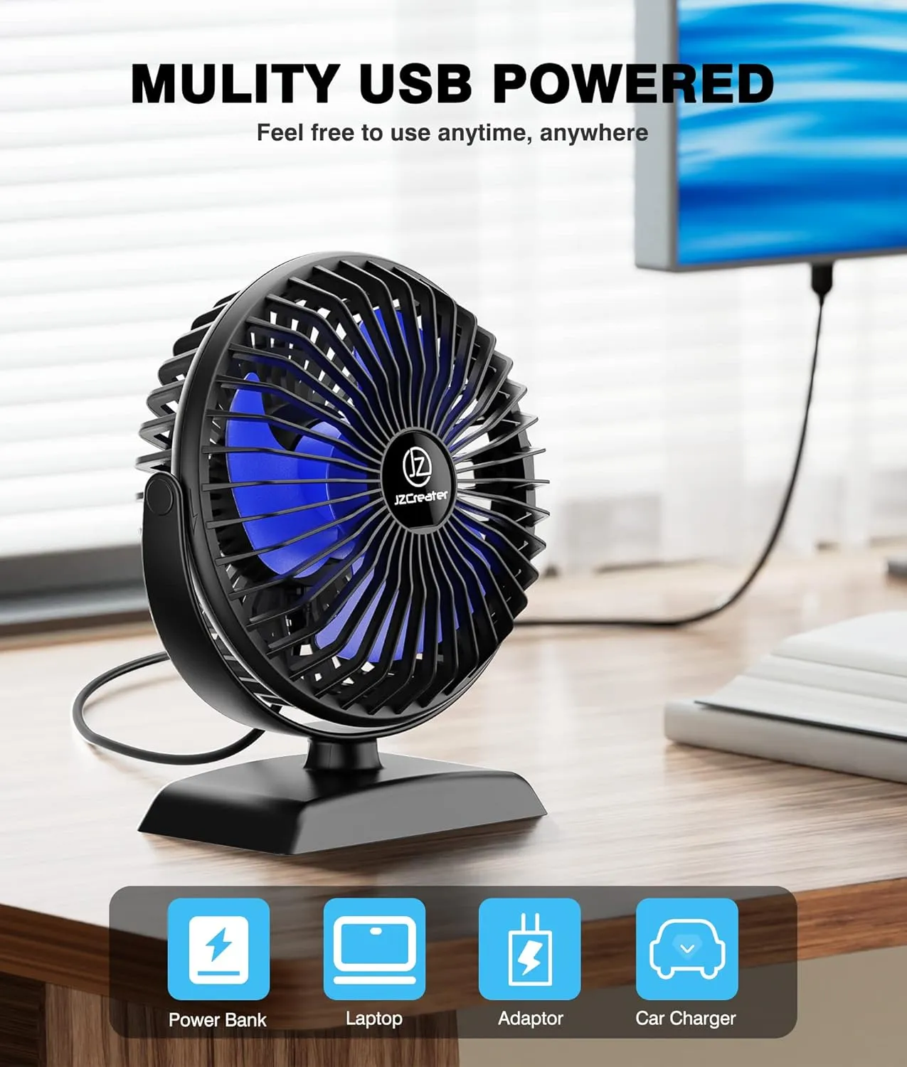 JZCreater Mini Desk Fan3 Speed Ultra-Quiet OperationPortable USB Cooling Fan for Office Desk, Bedroom Use, Personal Fan with Adjustable Tilt for Summer Indoor/Outdoor,USB-Powered, Black