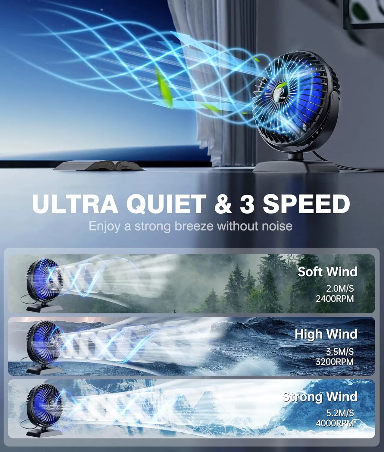 JZCreater Mini Desk Fan3 Speed Ultra-Quiet OperationPortable USB Cooling Fan for Office Desk, Bedroom Use, Personal Fan with Adjustable Tilt for Summer Indoor/Outdoor,USB-Powered, Black