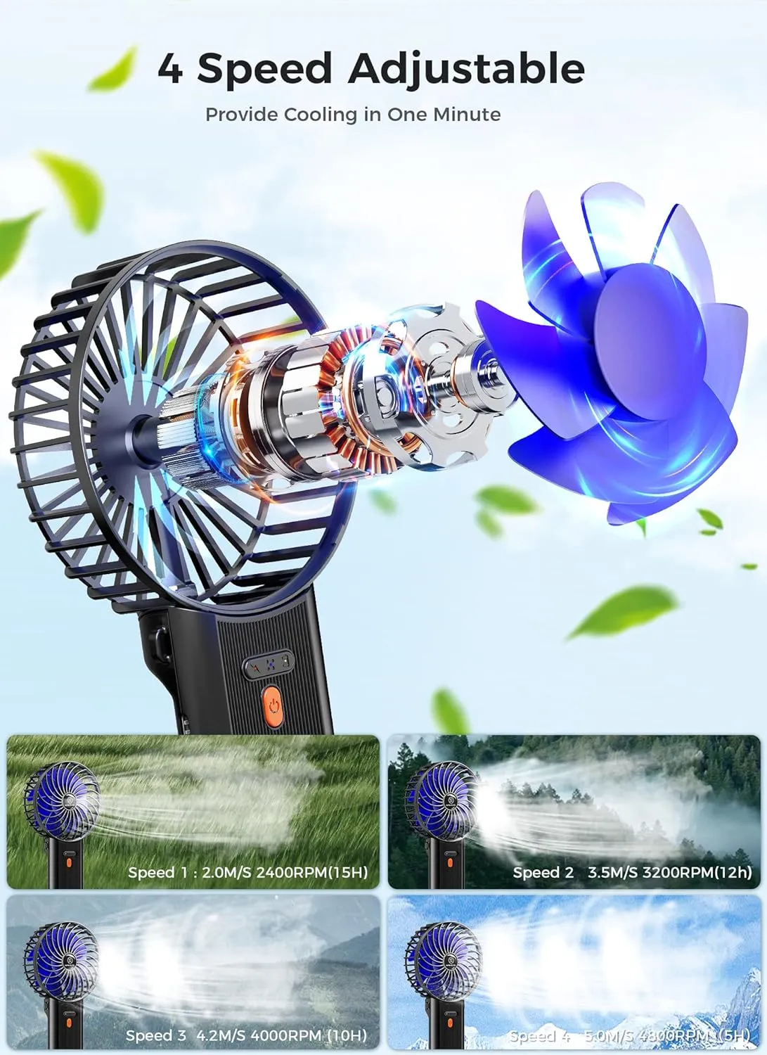 JZCreater Mini Handheld Fan, Portable Rechargeable Fans, Quiet 4 Speed, 2in1 Battery Operated USB Desk Fan, Small Folding Stand Electric Fan for Travel Outdoor Home Office Makeup, Gift for Women