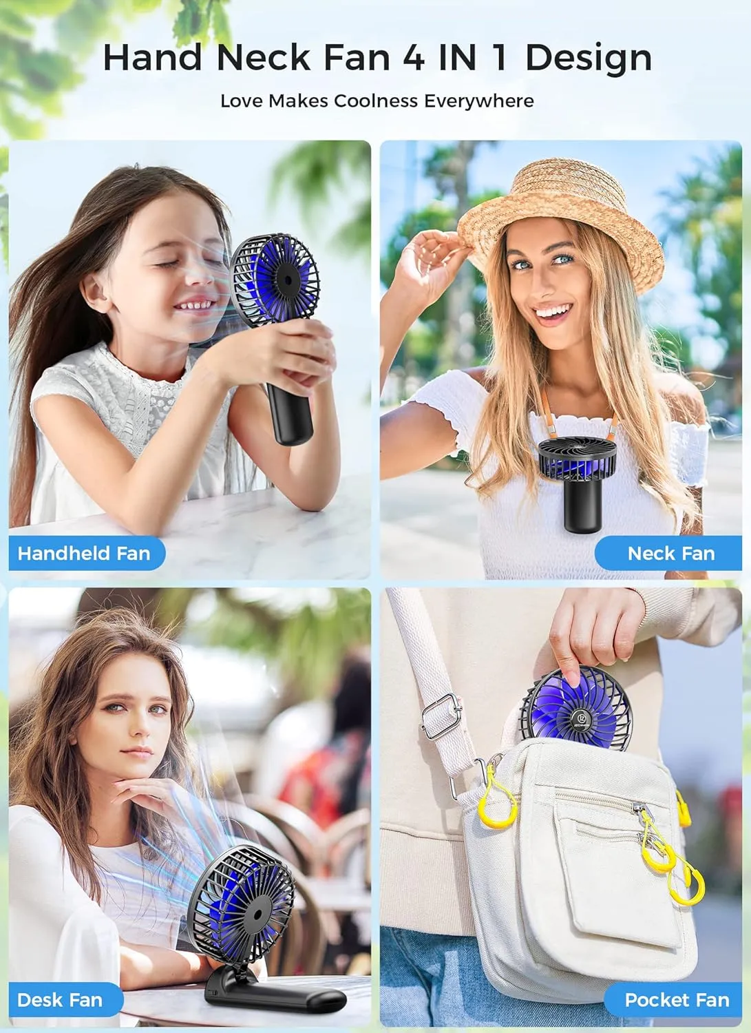 JZCreater Mini Handheld Fan, Portable Rechargeable Fans, Quiet 4 Speed, 2in1 Battery Operated USB Desk Fan, Small Folding Stand Electric Fan for Travel Outdoor Home Office Makeup, Gift for Women