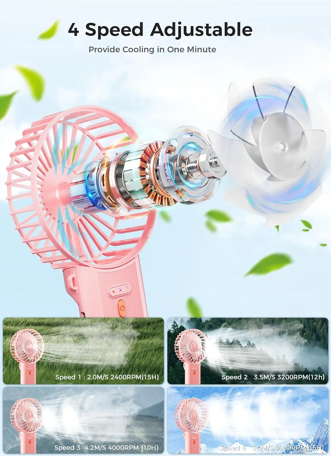 JZCreater Mini Handheld Fan,Portable Hand Held Fan, 15H Cooling, Quiet 4 Speed, USB Rechargeable Battery Operated Desk Fan, Small Folding Electric Fan for Travel Outdoor Home Office Makeup, PINK