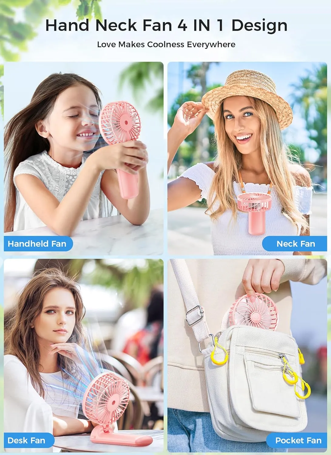 JZCreater Mini Handheld Fan,Portable Hand Held Fan, 15H Cooling, Quiet 4 Speed, USB Rechargeable Battery Operated Desk Fan, Small Folding Electric Fan for Travel Outdoor Home Office Makeup, PINK