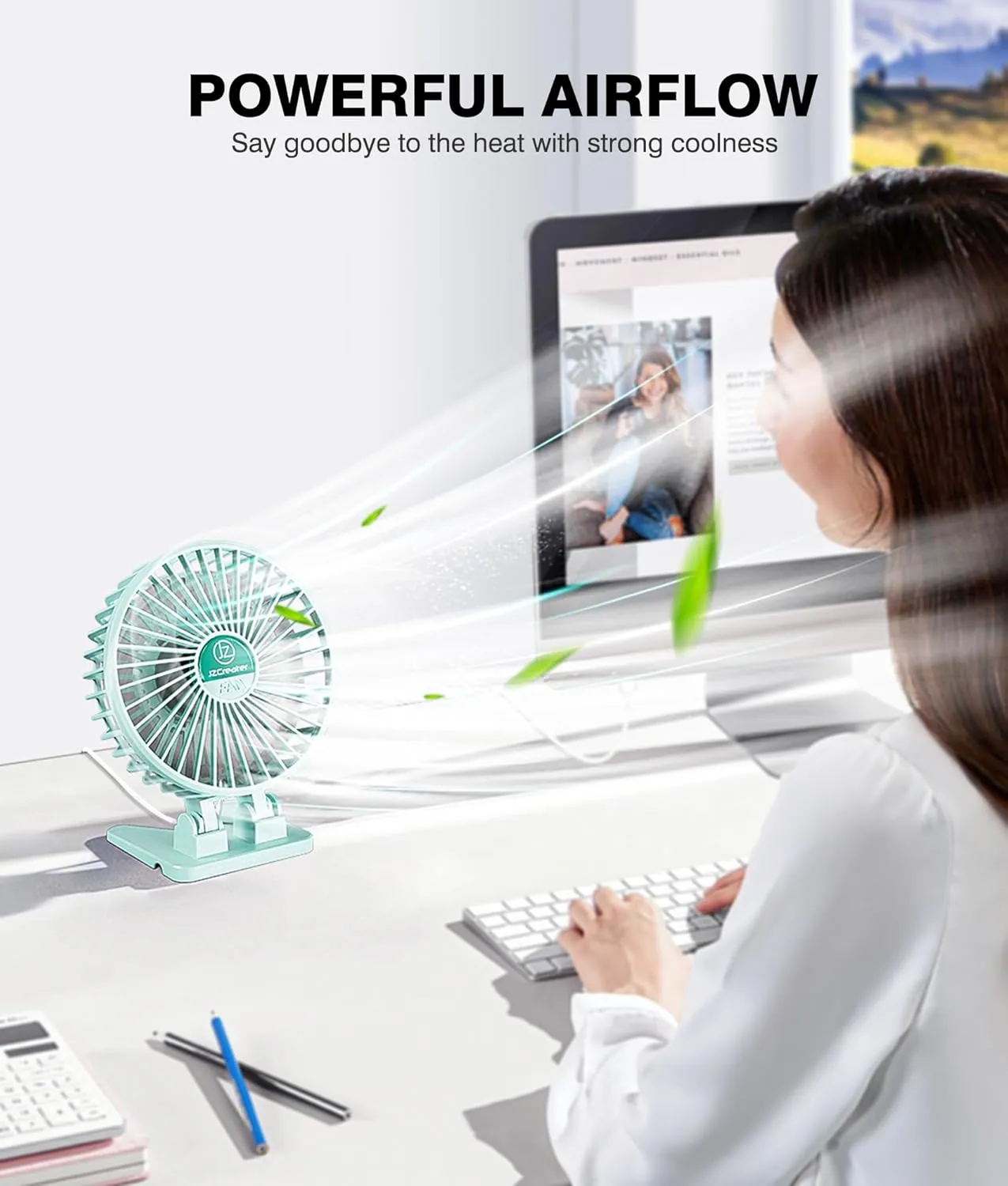 JZCreater USB Desk Fan, Mini Fan Portable, 3 Speeds Desktop Table Cooling Fan, Plug in Power Fan, Rotation Strong Wind, Quiet Personal Small Fan for Home Desktop Office Travel Bedroom, Apple Green