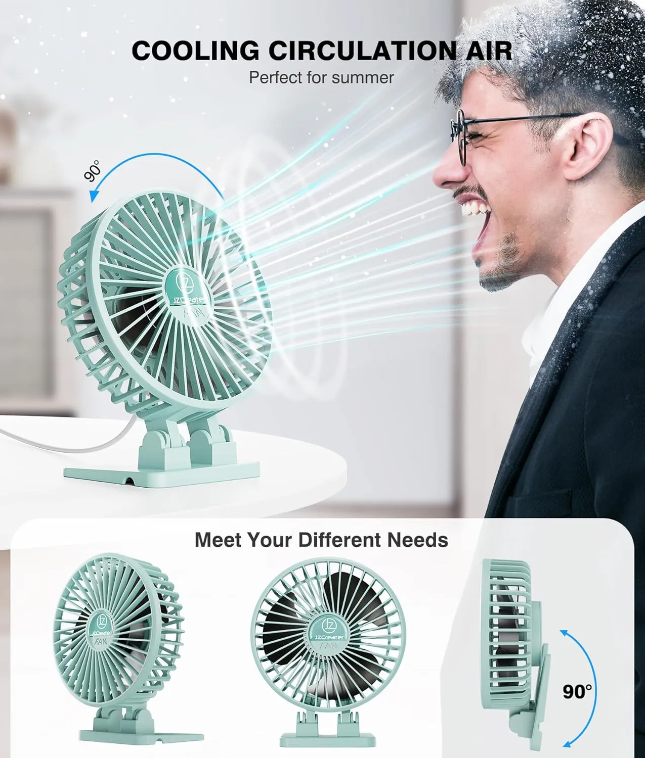 JZCreater USB Desk Fan, Mini Fan Portable, 3 Speeds Desktop Table Cooling Fan, Plug in Power Fan, Rotation Strong Wind, Quiet Personal Small Fan for Home Desktop Office Travel Bedroom, Apple Green