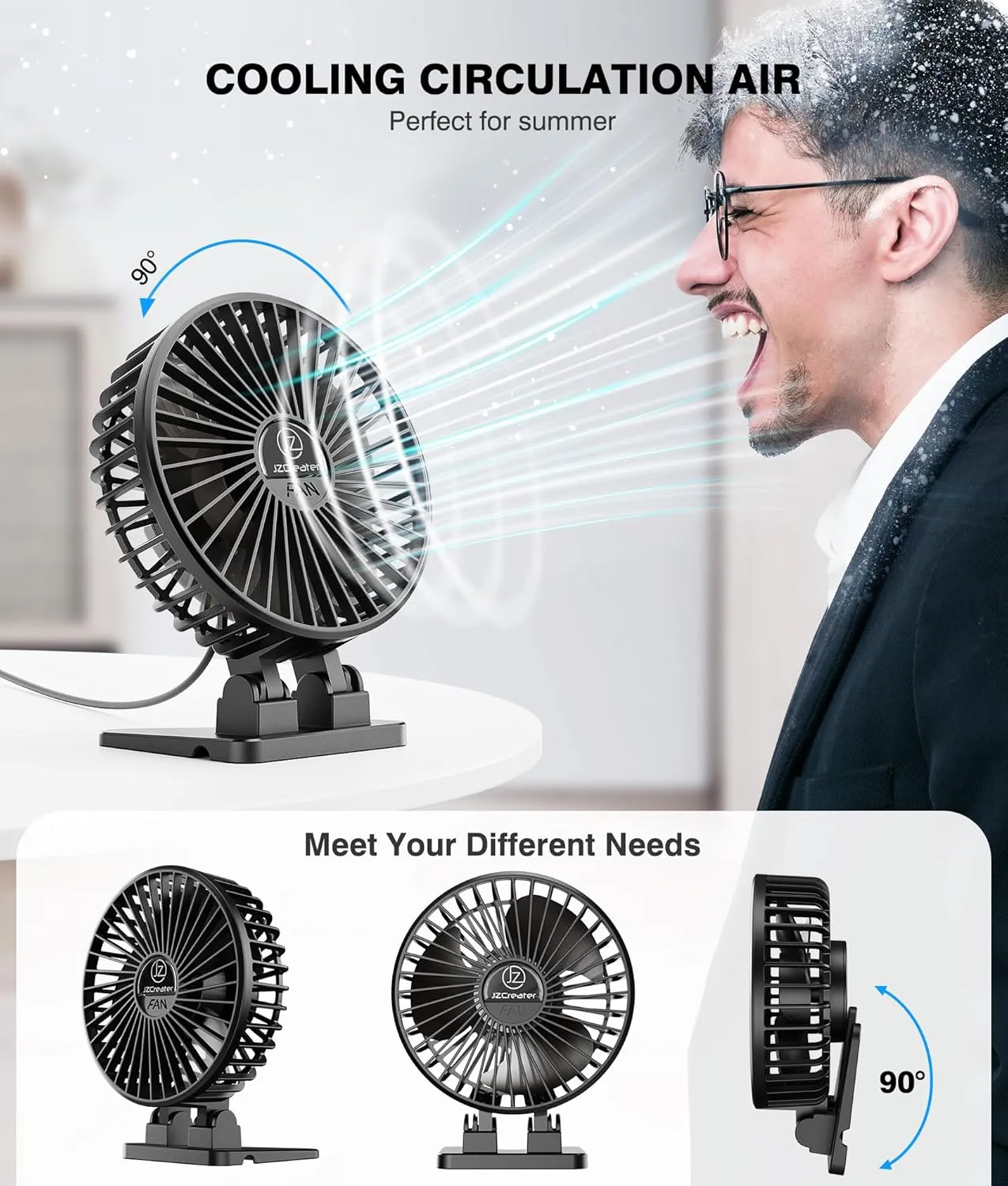 JZCreater USB Desk Fan, Mini Portable, 3 Speeds Desktop Table Cooling, Plug in Power, Rotation Strong Wind, Quiet Personal Small for Home Office Travel Bedroom, Black