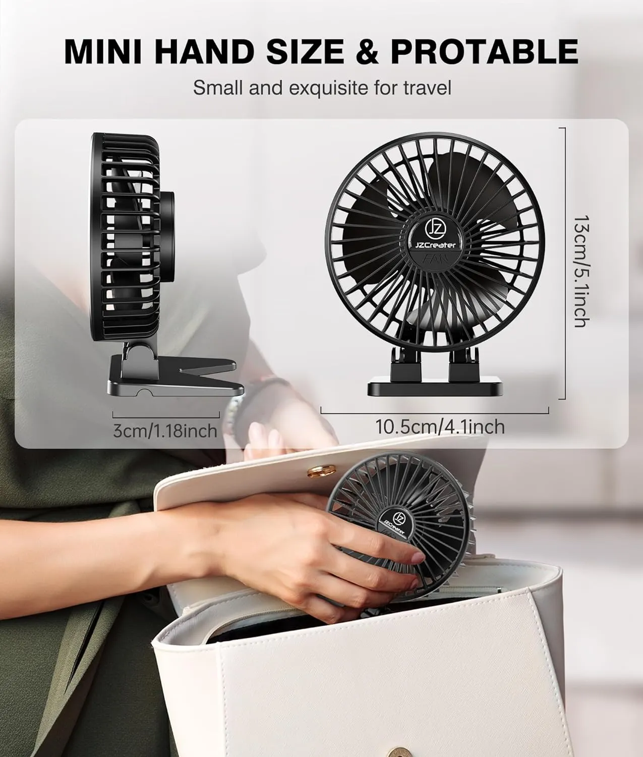 JZCreater USB Desk Fan, Mini Portable, 3 Speeds Desktop Table Cooling, Plug in Power, Rotation Strong Wind, Quiet Personal Small for Home Office Travel Bedroom, Black