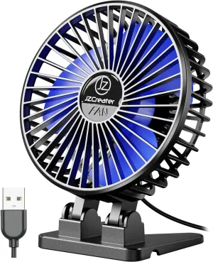 JZCreater USB Desk Fan, Mini Portable Fans, 3 Speeds Desktop Table Cooling Fan, Plug in Power, Rotation Strong Wind, Quiet Personal Small for Home Office Travel Bedroom, Black Blue USB desktop fan for workspace