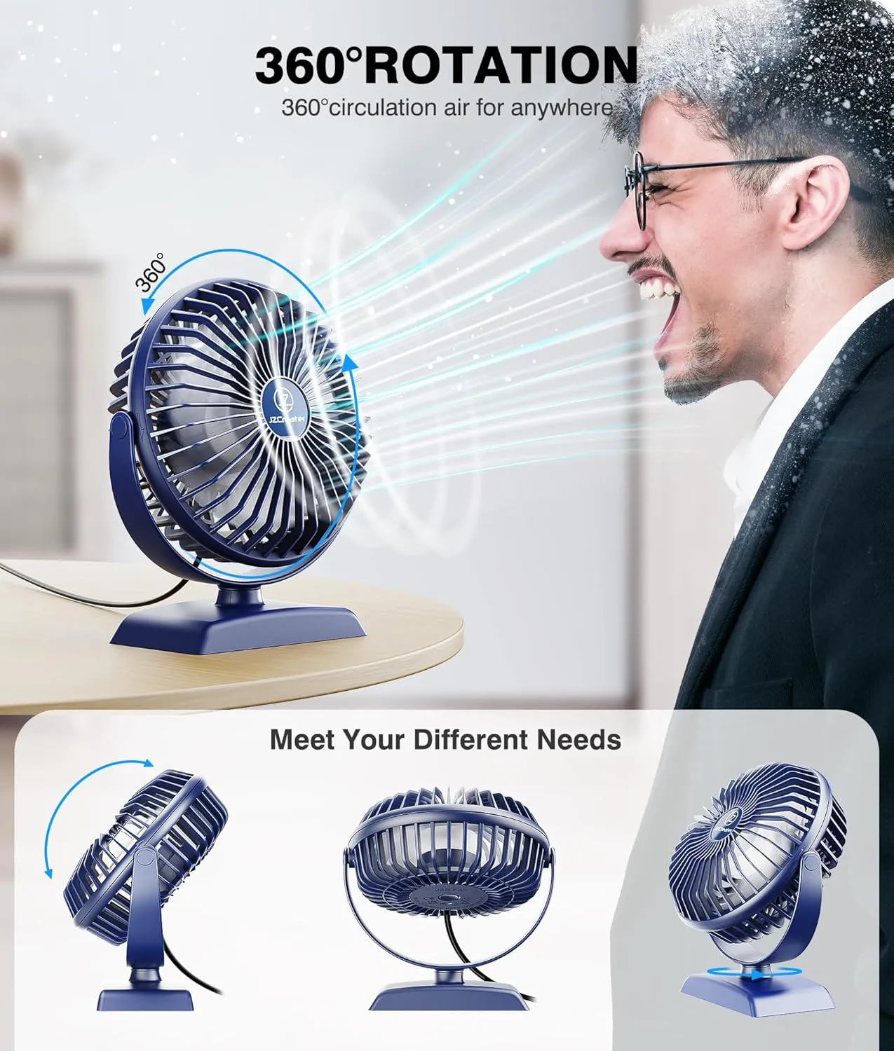 JZCreater USB Desk Fan, USB Fan Mini, 360 Rotation Desktop Fan with 3 Speed, Table Personal Cooling Fan, Quiet Mini Desk Fan, USB Powered, Small Fan for Home Office Bedroom Car Travel, SKY Blue
