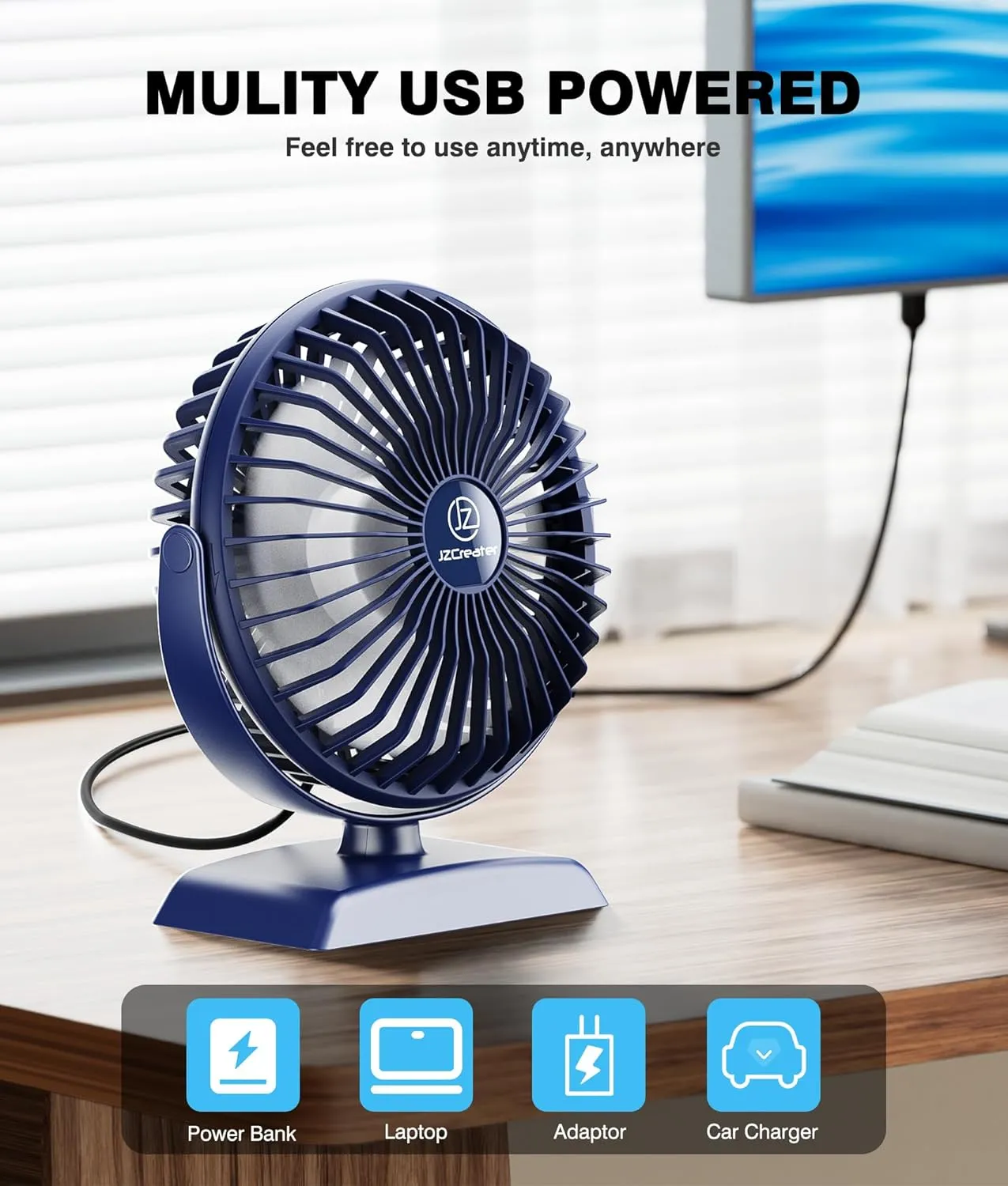 JZCreater USB Desk Fan, USB Fan Mini, 360 Rotation Desktop Fan with 3 Speed, Table Personal Cooling Fan, Quiet Mini Desk Fan, USB Powered, Small Fan for Home Office Bedroom Car Travel, SKY Blue
