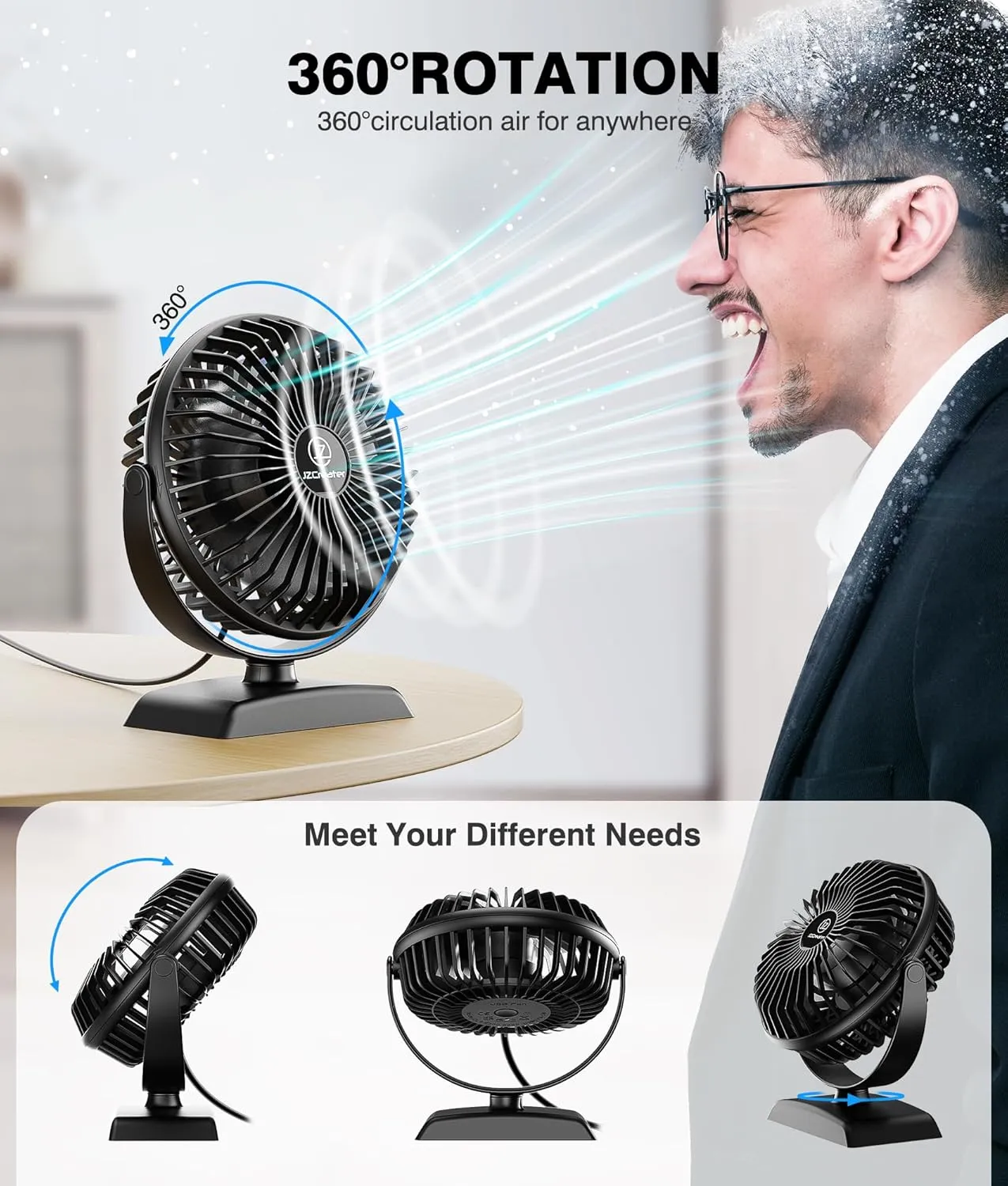 JZCreater USB Desk Fan, USB Fan Mini, 360 Rotation Desktop Fans with 3 Speed, Table Personal Cooling Fan, Quiet Mini Desk Fan, USB Powered, Small Fans for Home Office Bedroom Car Travel,Black Black