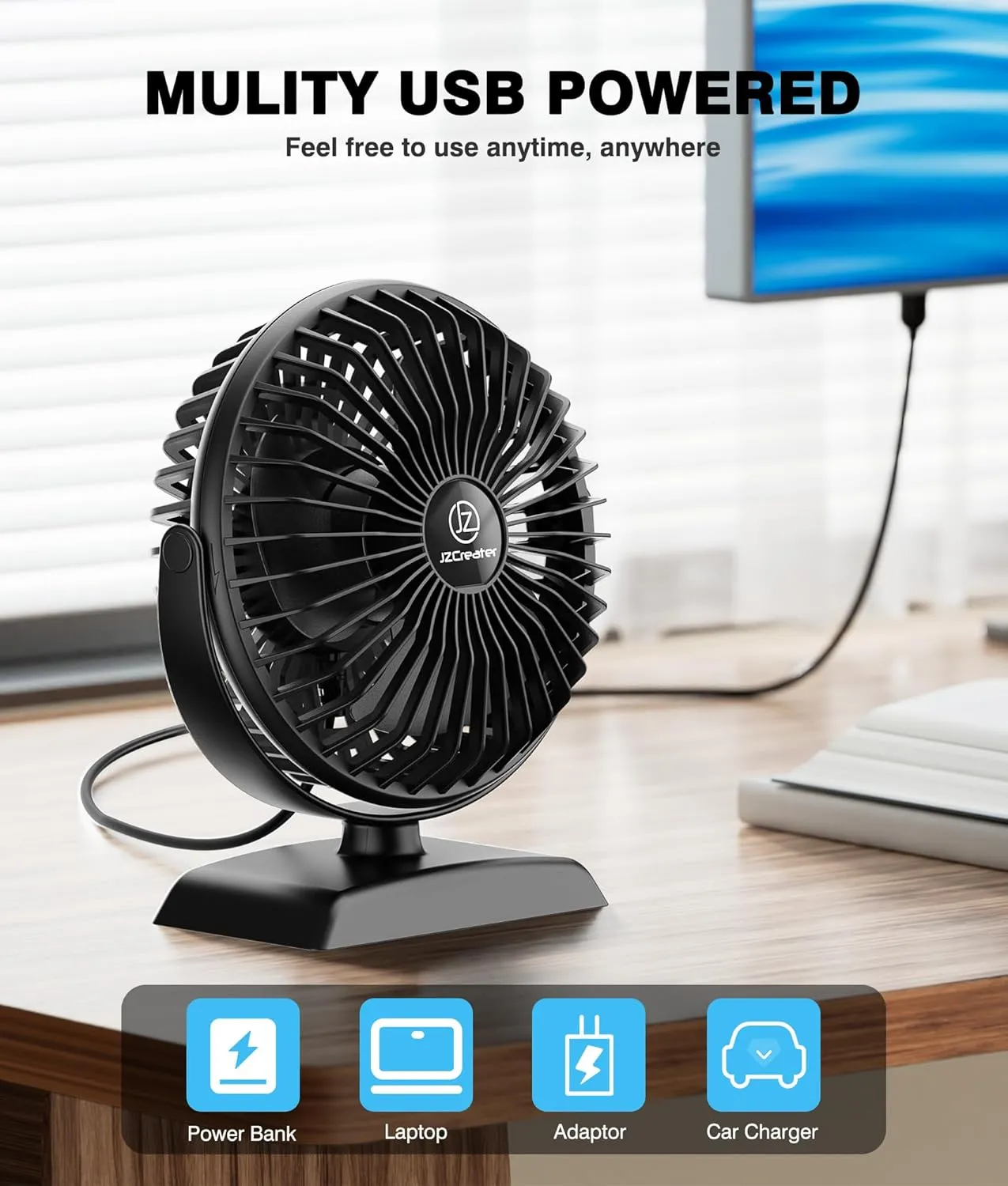 JZCreater USB Desk Fan, USB Fan Mini, 360 Rotation Desktop Fans with 3 Speed, Table Personal Cooling Fan, Quiet Mini Desk Fan, USB Powered, Small Fans for Home Office Bedroom Car Travel,Black Black