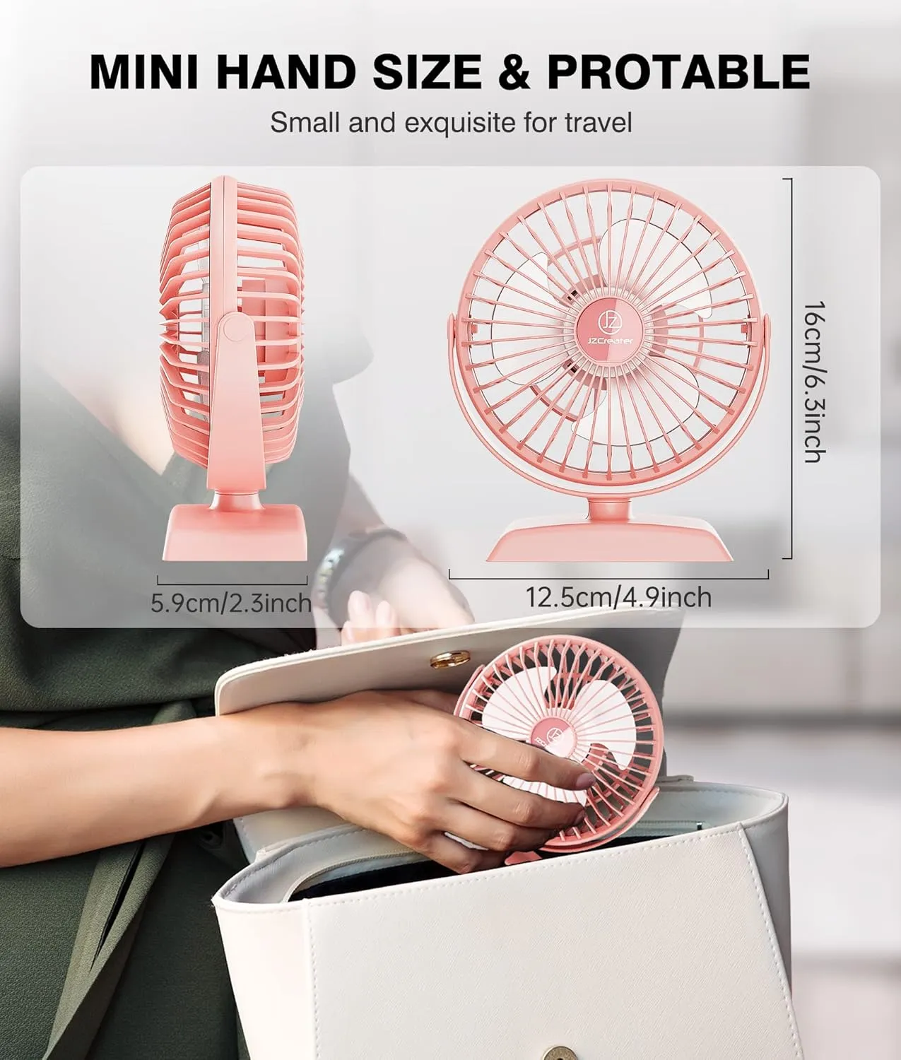 JZCreater USB Desk Fan, USB Fans Mini, 360 Rotation Desktop FanS with 3 Speed, Table Personal Cooling Fan, Quiet Mini Desk Fan, USB Powered, Small Fan for Home Office Bedroom Car Travel, Pink