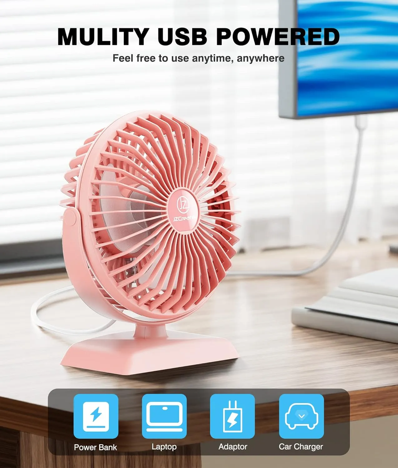 JZCreater USB Desk Fan, USB Fans Mini, 360 Rotation Desktop FanS with 3 Speed, Table Personal Cooling Fan, Quiet Mini Desk Fan, USB Powered, Small Fan for Home Office Bedroom Car Travel, Pink