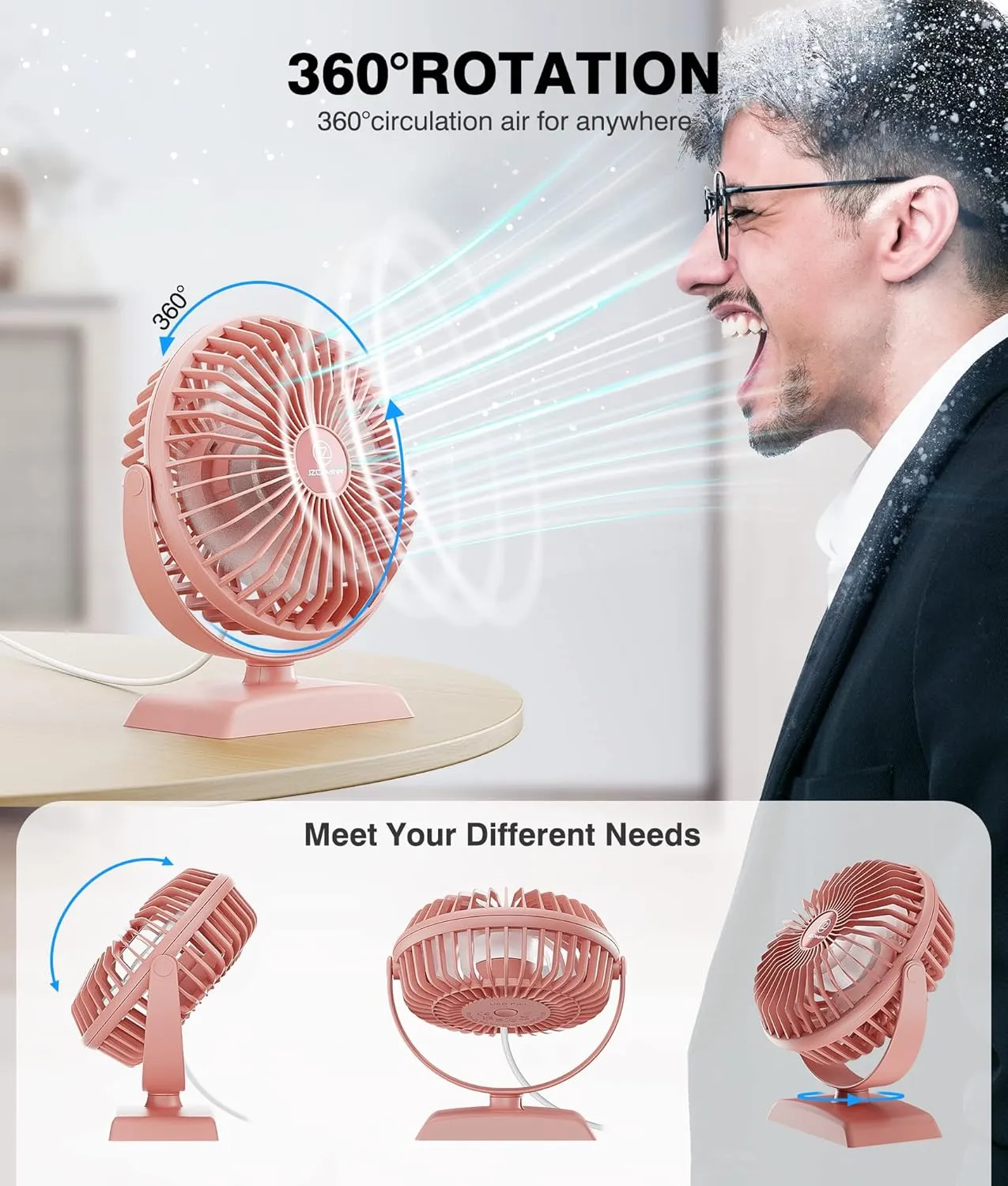 JZCreater USB Desk Fan, USB Fans Mini, 360 Rotation Desktop FanS with 3 Speed, Table Personal Cooling Fan, Quiet Mini Desk Fan, USB Powered, Small Fan for Home Office Bedroom Car Travel, Pink