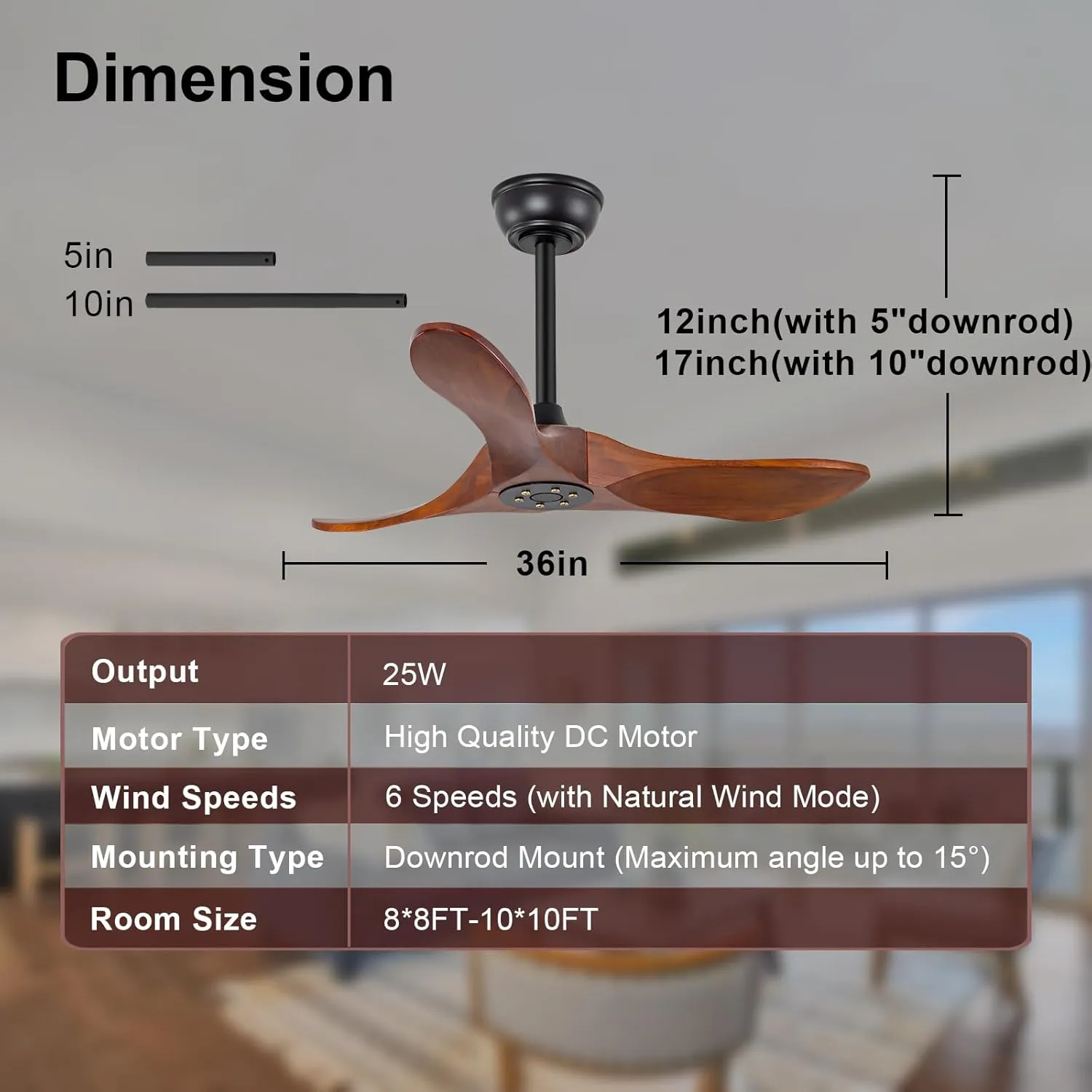 KBZZ 36 Inch Ceiling Fan no Light with Remote Control,Wood Ceiling Fans without Lights,6 Speeds,Reversible DC Motor,Indoor Outdoor Modern Ceiling Fan for Patio,Farmhouse,Living Room