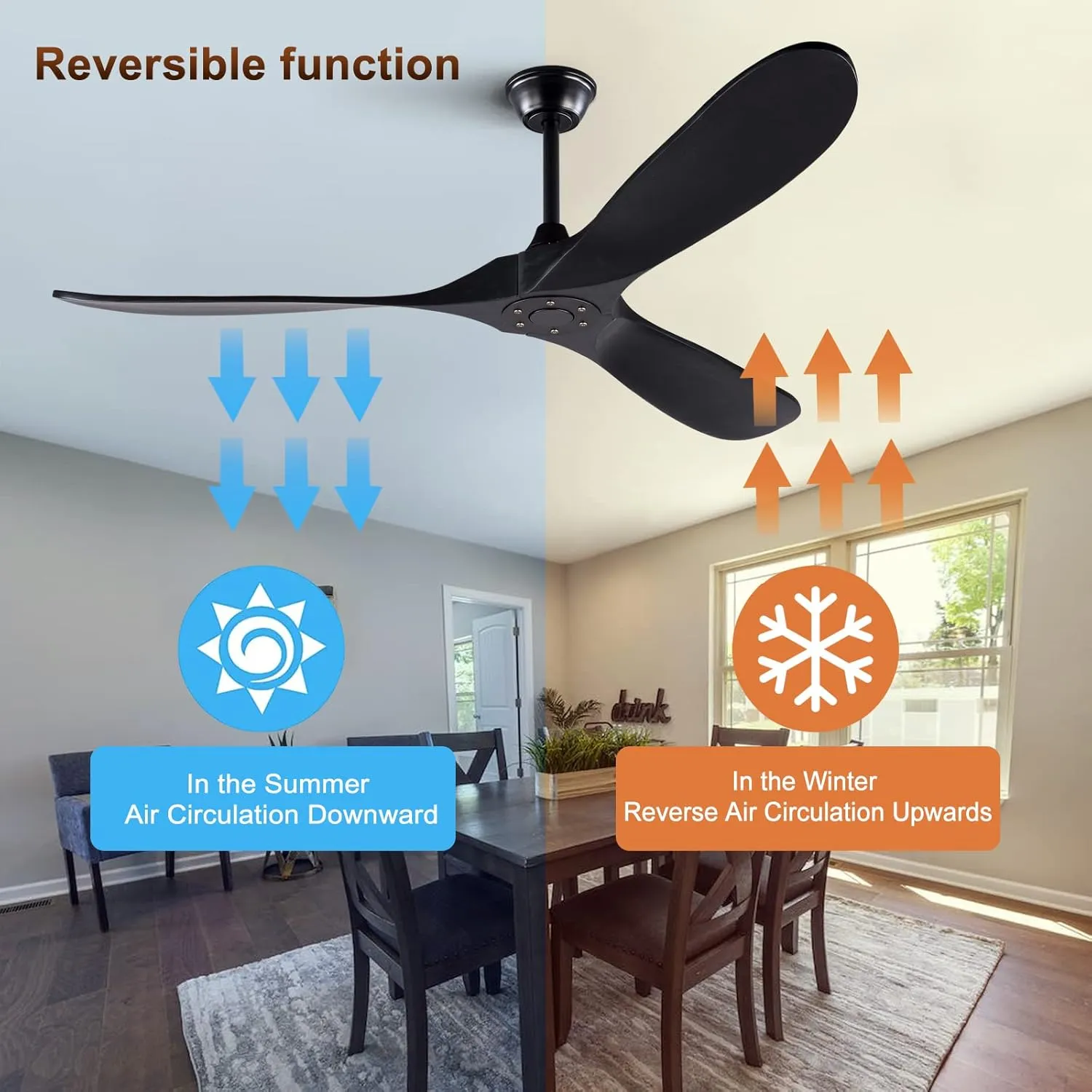 KBZZ 60 Inch Ceiling Fan no Light, Solid Wood Ceiling fan with 3 Blades, Remote Control and Reversible DC Motor, Indoor Bedroom Living Room Office Outdoor Ceiling Fans for Patio