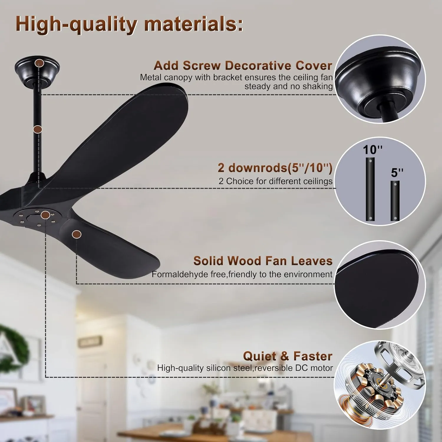 KBZZ 60 Inch Ceiling Fan no Light, Solid Wood Ceiling fan with 3 Blades, Remote Control and Reversible DC Motor, Indoor Bedroom Living Room Office Outdoor Ceiling Fans for Patio