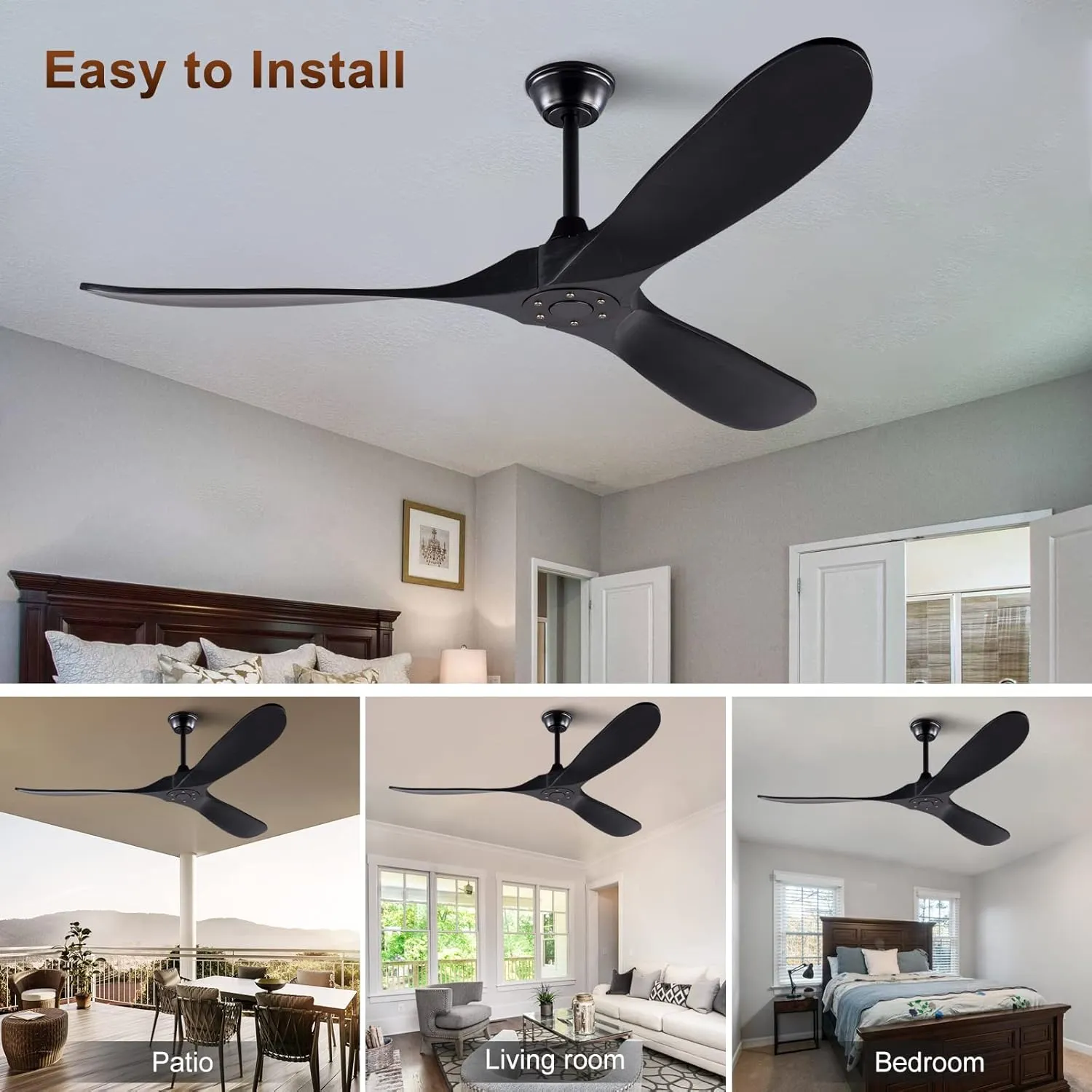 KBZZ 60 Inch Ceiling Fan no Light, Solid Wood Ceiling fan with 3 Blades, Remote Control and Reversible DC Motor, Indoor Bedroom Living Room Office Outdoor Ceiling Fans for Patio