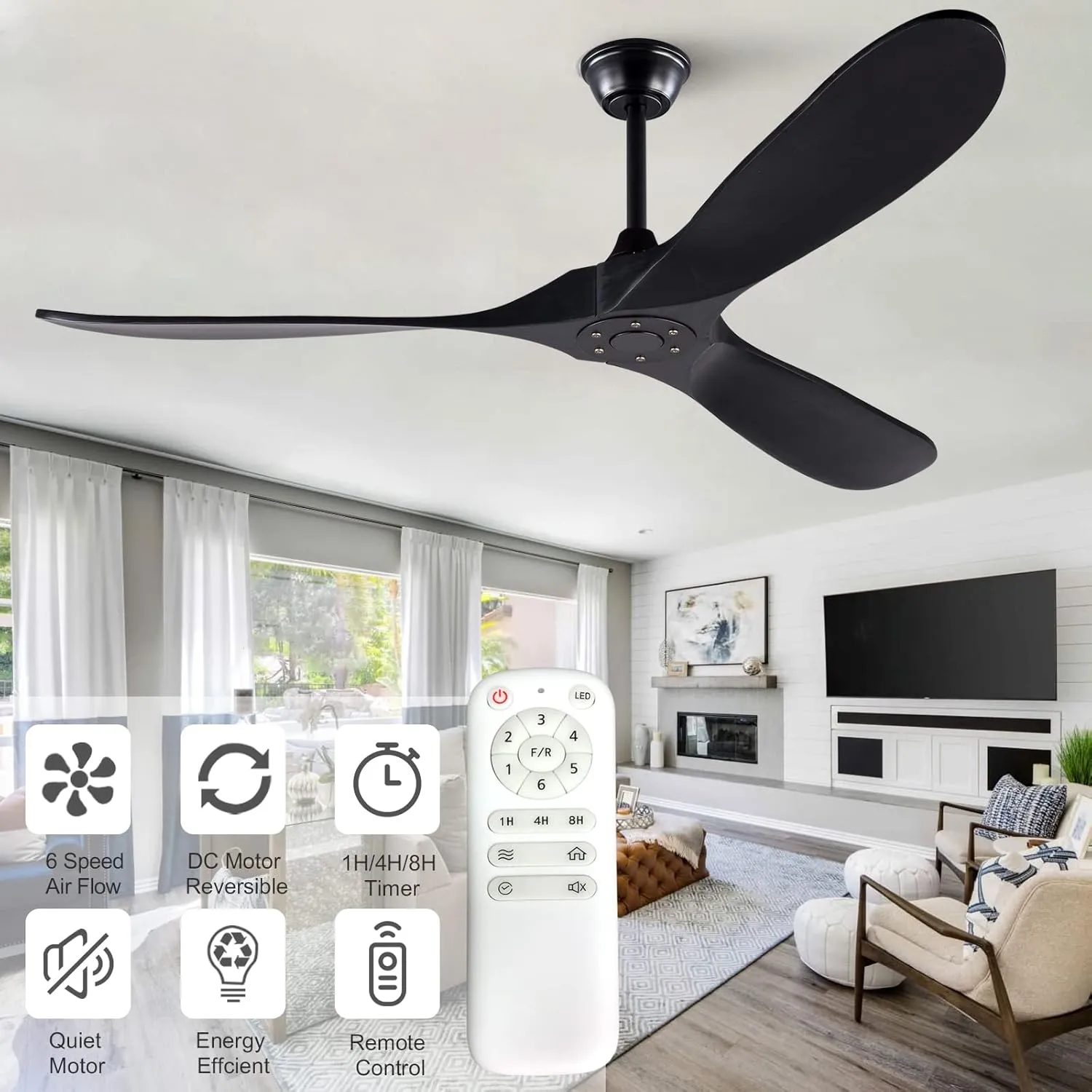 KBZZ 60 Inch Ceiling Fan no Light, Solid Wood Ceiling fan with 3 Blades, Remote Control and Reversible DC Motor, Indoor Bedroom Living Room Office Outdoor Ceiling Fans for Patio