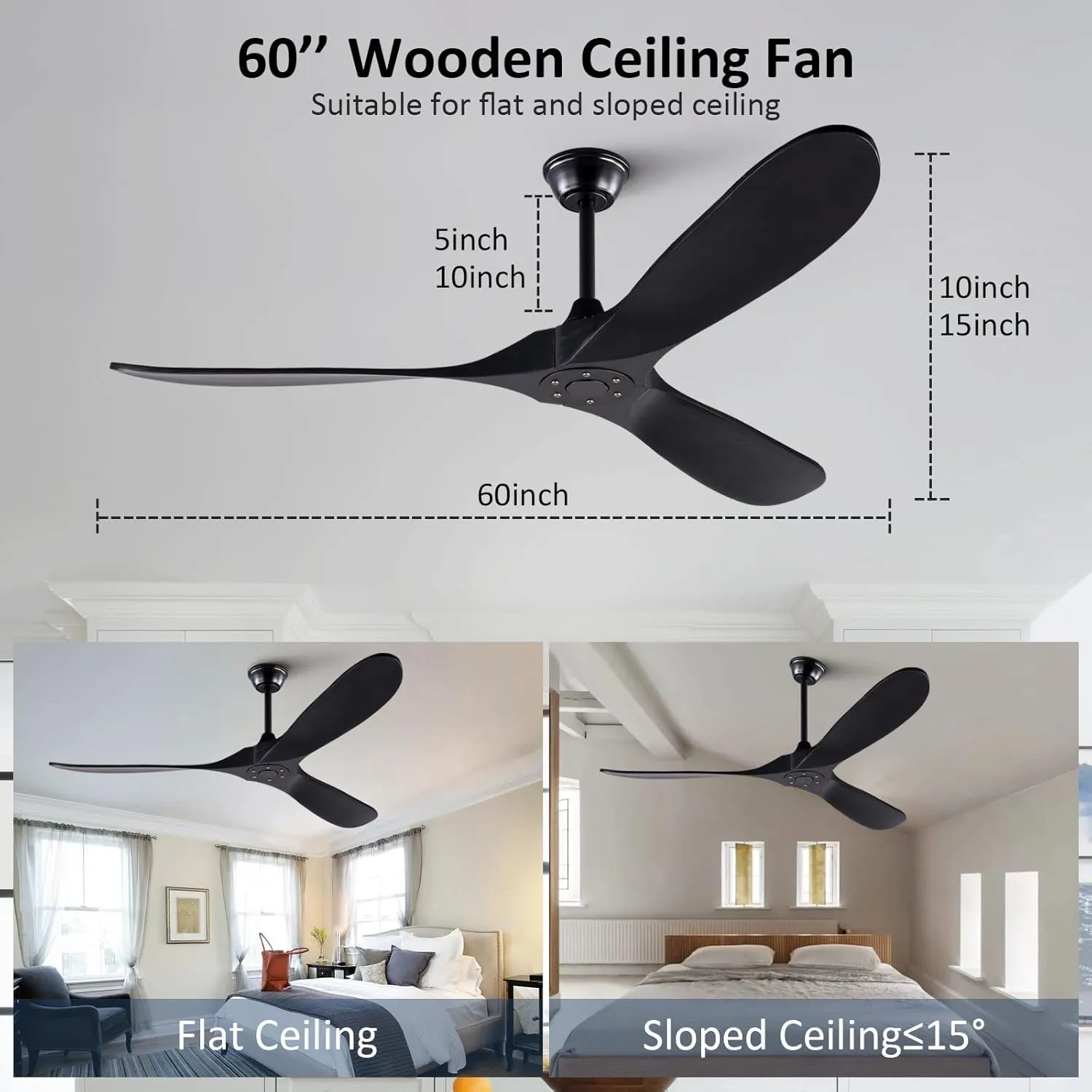 KBZZ 60 Inch Ceiling Fan no Light, Solid Wood Ceiling fan with 3 Blades, Remote Control and Reversible DC Motor, Indoor Bedroom Living Room Office Outdoor Ceiling Fans for Patio