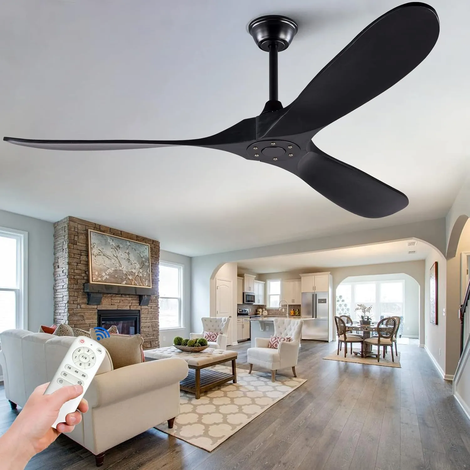 KBZZ 60 Inch Ceiling Fan no Light, Solid Wood Ceiling fan with 3 Blades, Remote Control and Reversible DC Motor, Indoor Bedroom Living Room Office Outdoor Ceiling Fans for Patio